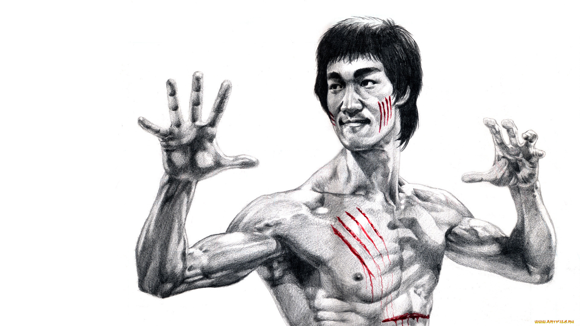 брюс, ли, рисованные, люди, bruce, lee, кровь, царапины, стойка