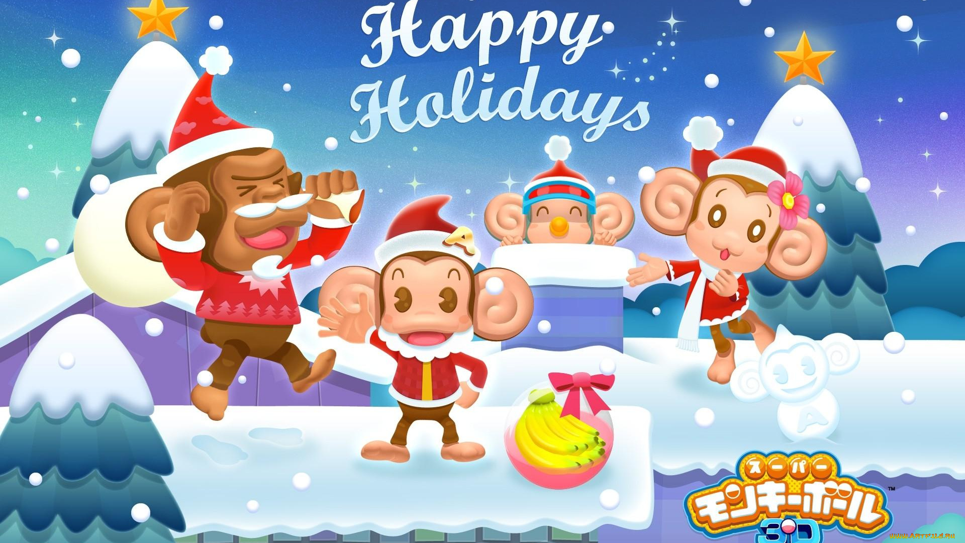 праздничные, векторная, графика, новый, год, обезьяны, снежки, снег, крыша, елки