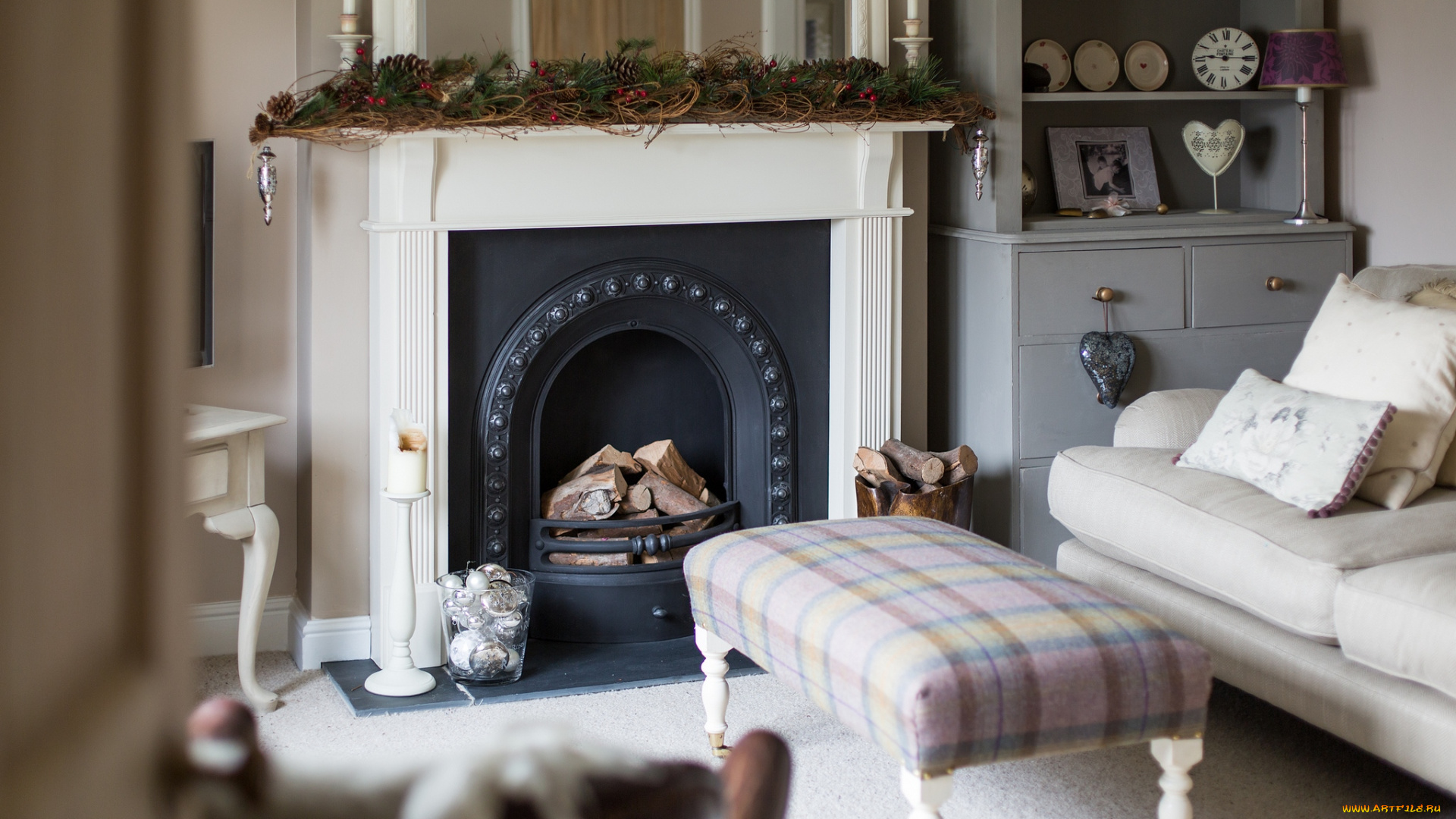 интерьер, камины, диван, огонь