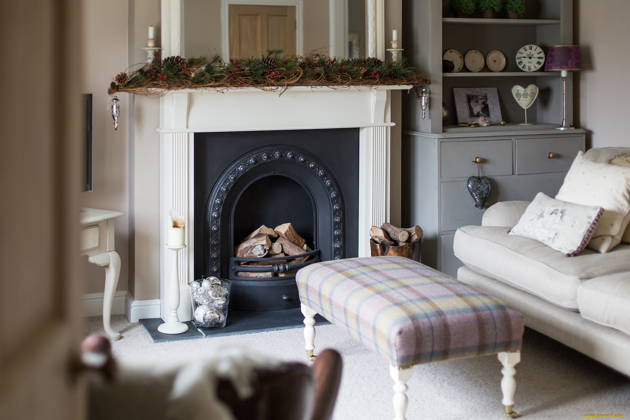 интерьер, камины, диван, огонь