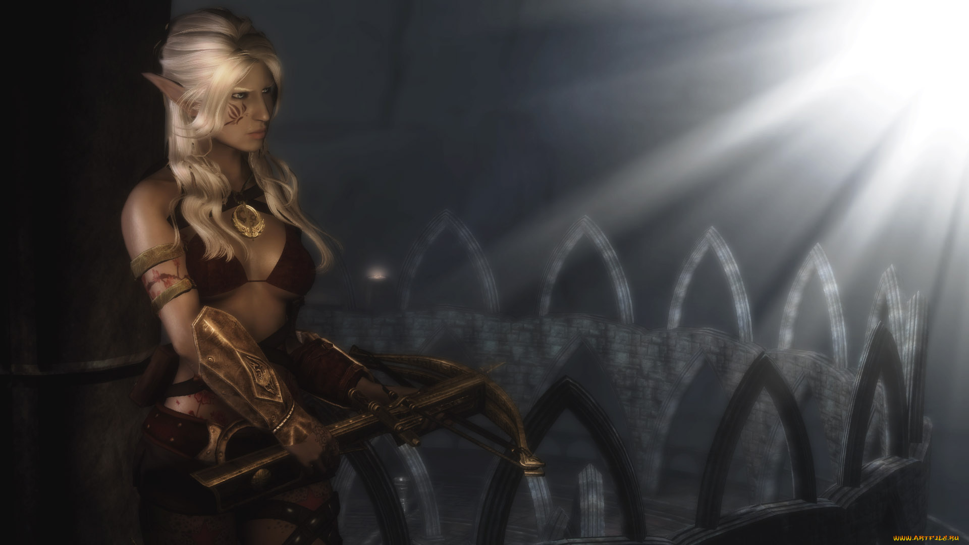 3д, графика, эльфы, , elves, арбалет, блондинка, фон, взгляд, эльфийка