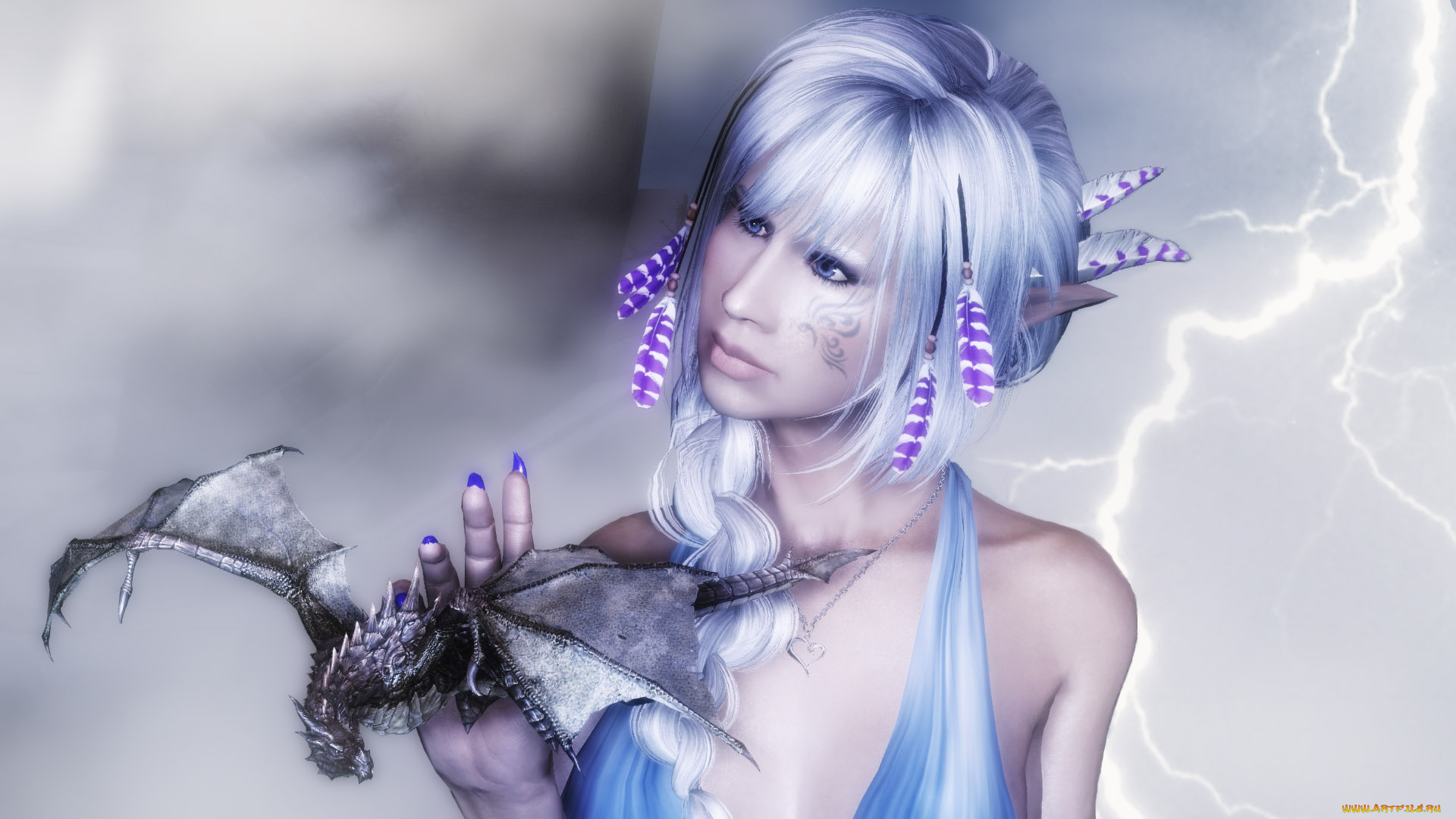 3д, графика, эльфы, , elves, блондинка, дракон, фон, взгляд, эльфийка