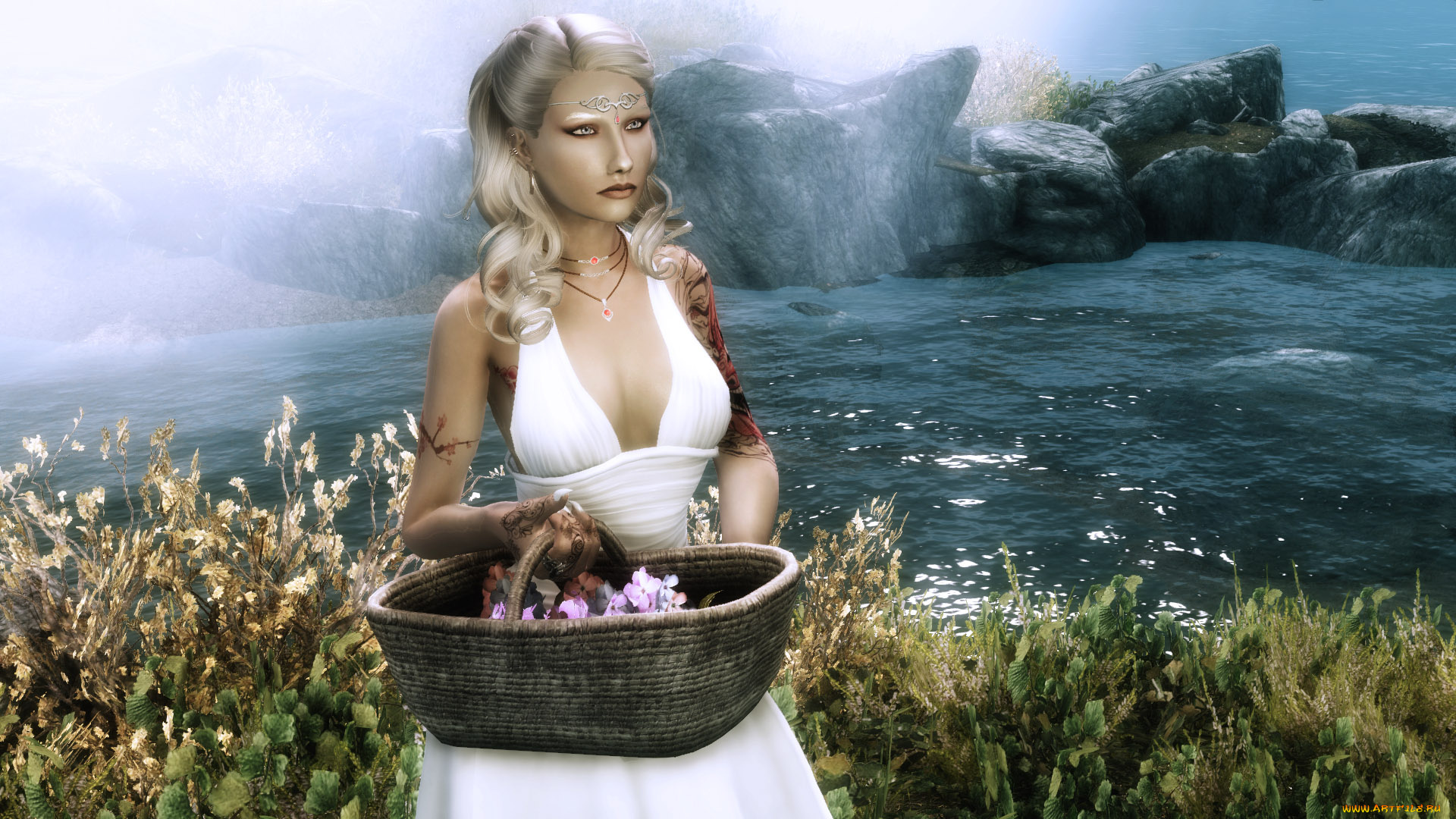 3д, графика, эльфы, , elves, блондинка, взгляд, фон, эльфийка, корзина