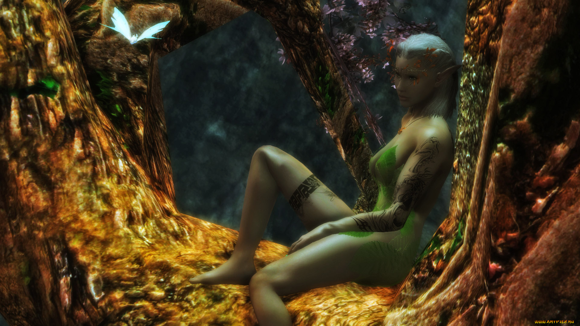 3д, графика, эльфы, , elves, дерево, фон, взгляд, эльфийка