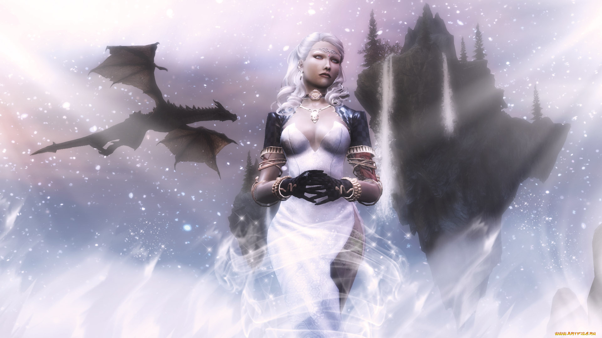 3д, графика, эльфы, , elves, дракон, блондинка, фон, взгляд, эльфийка