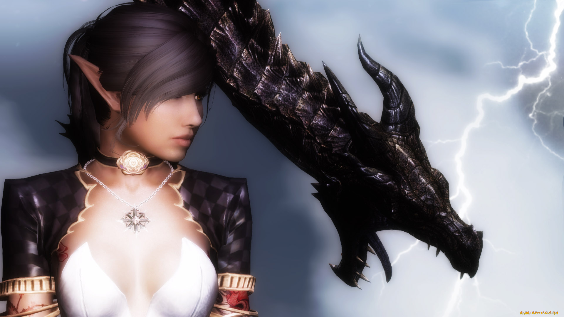 3д, графика, эльфы, , elves, дракон, фон, взгляд, эльфийка