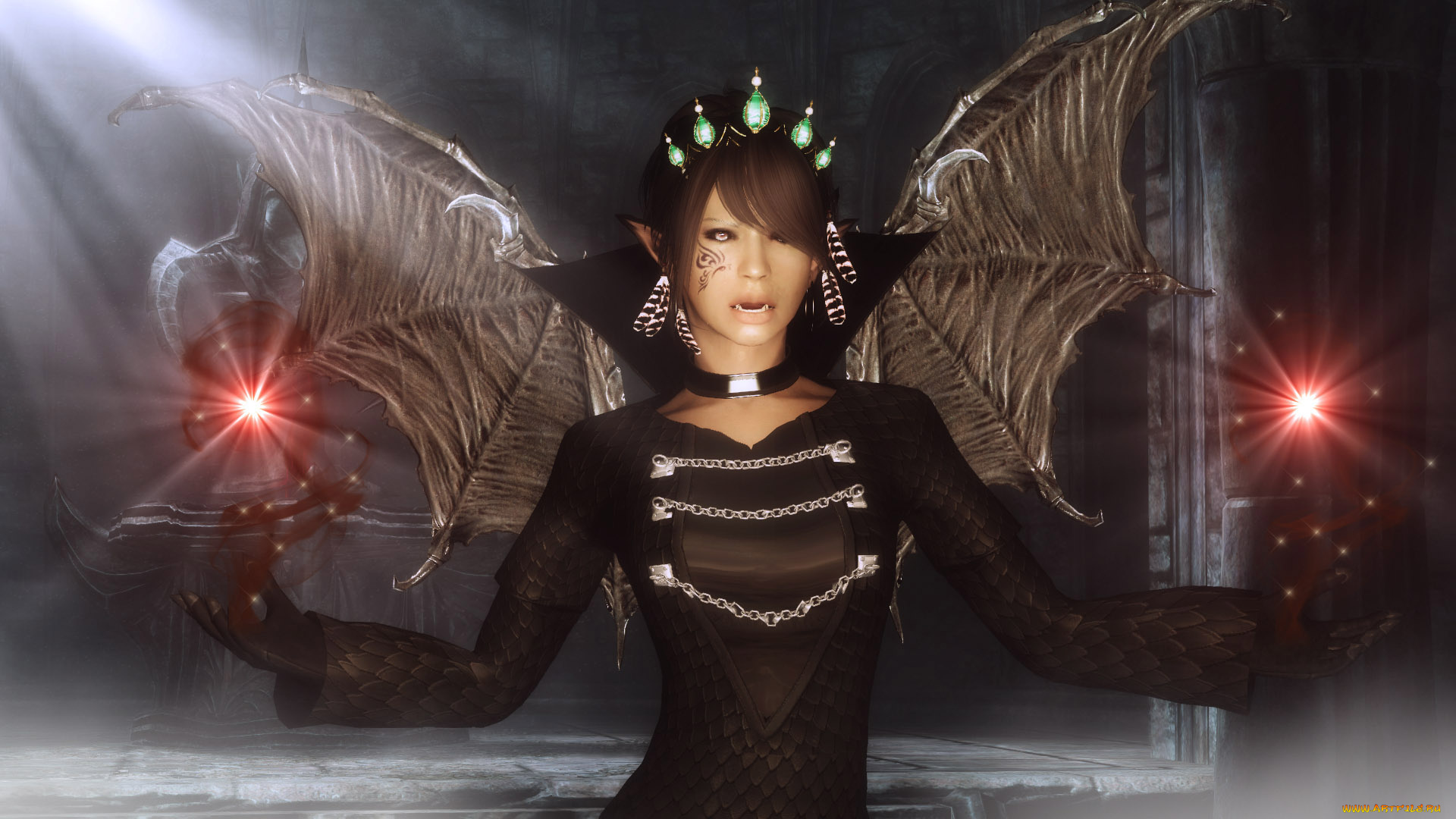 3д, графика, эльфы, , elves, эльфийка, крылья, вампир, фон, взгляд, девушка