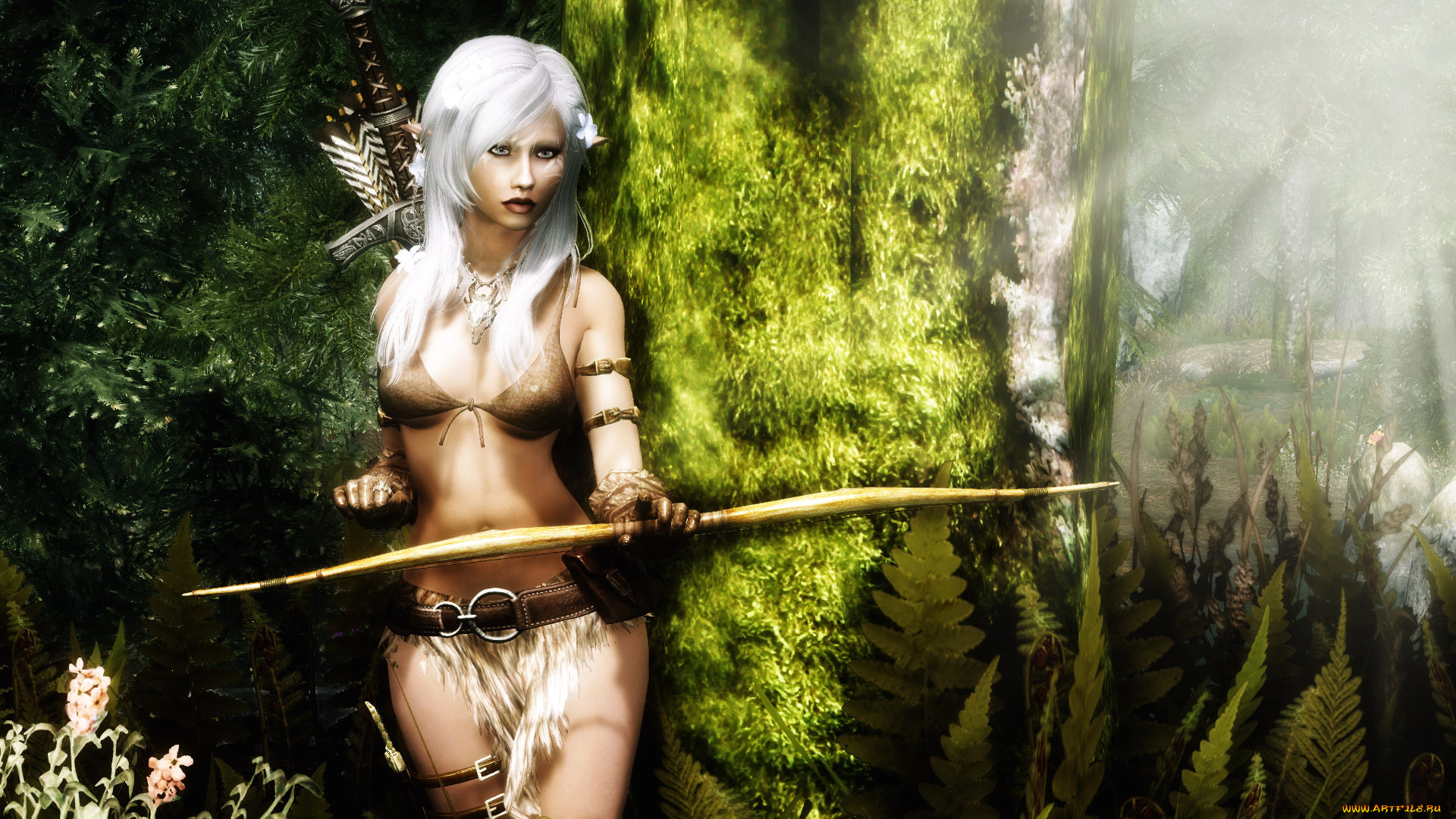 3д, графика, эльфы, , elves, эльфийка, лук, фон, блондинка, взгляд