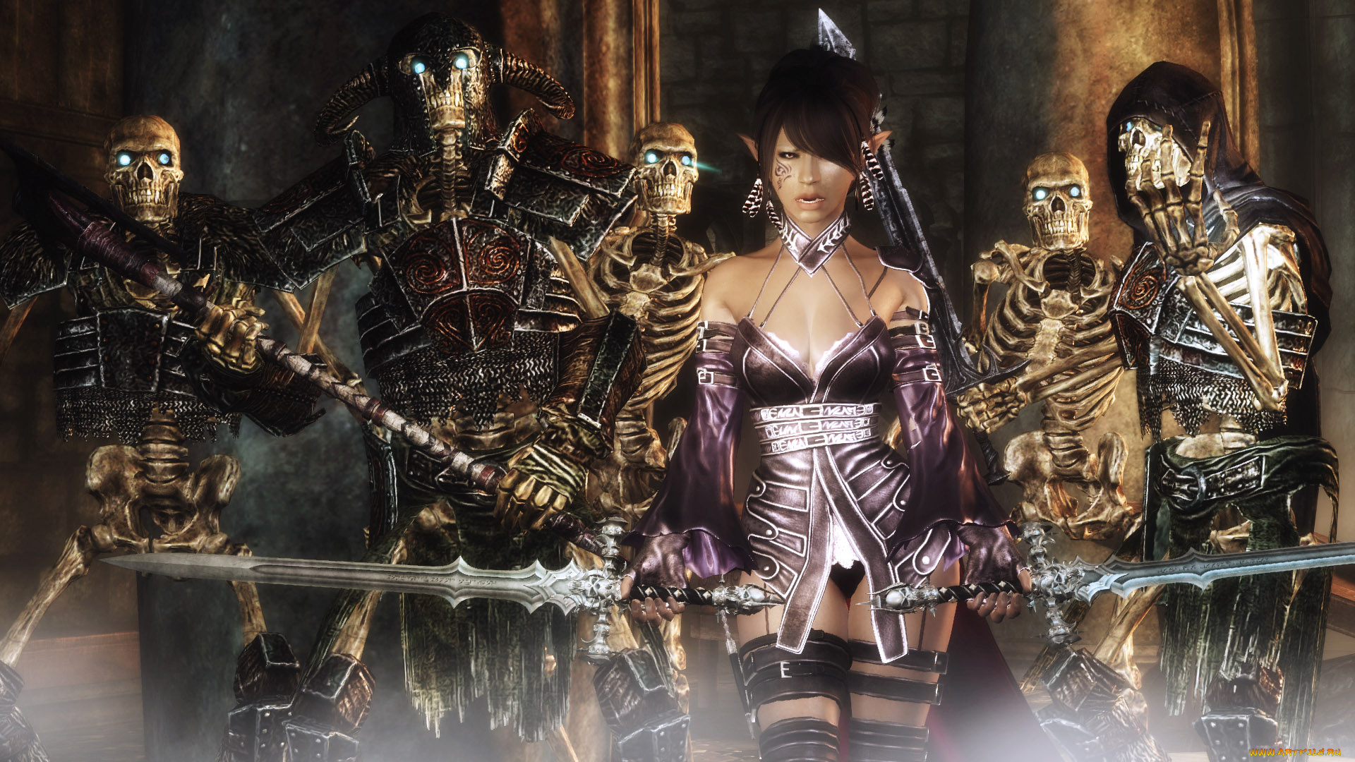 3д, графика, эльфы, , elves, эльфийка, скелеты, взгляд, фон