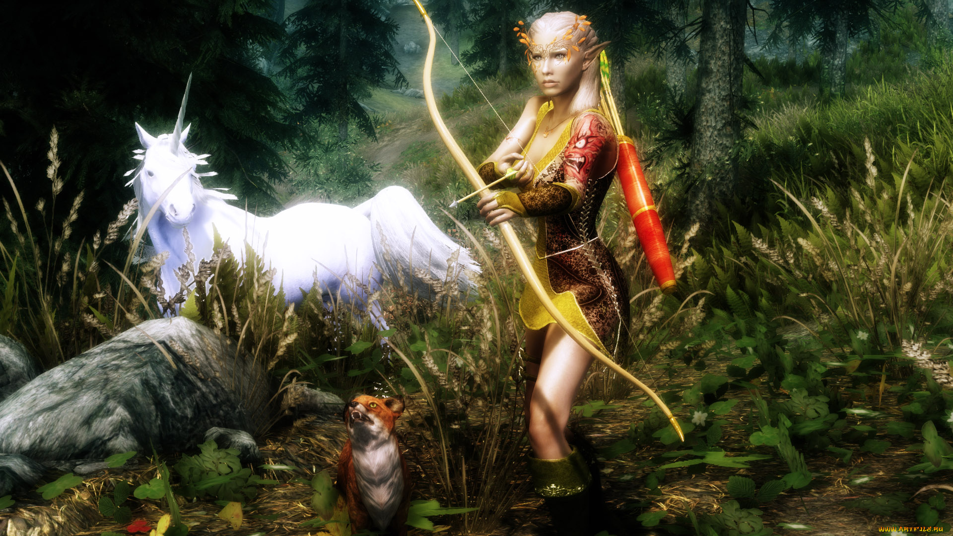 3д, графика, эльфы, , elves, эльфийка, взгляд, фон, лук, природа, единорог