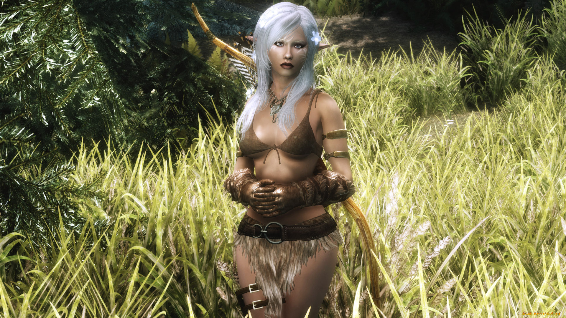 3д, графика, эльфы, , elves, фон, блондинка, взгляд, эльфийка, природа