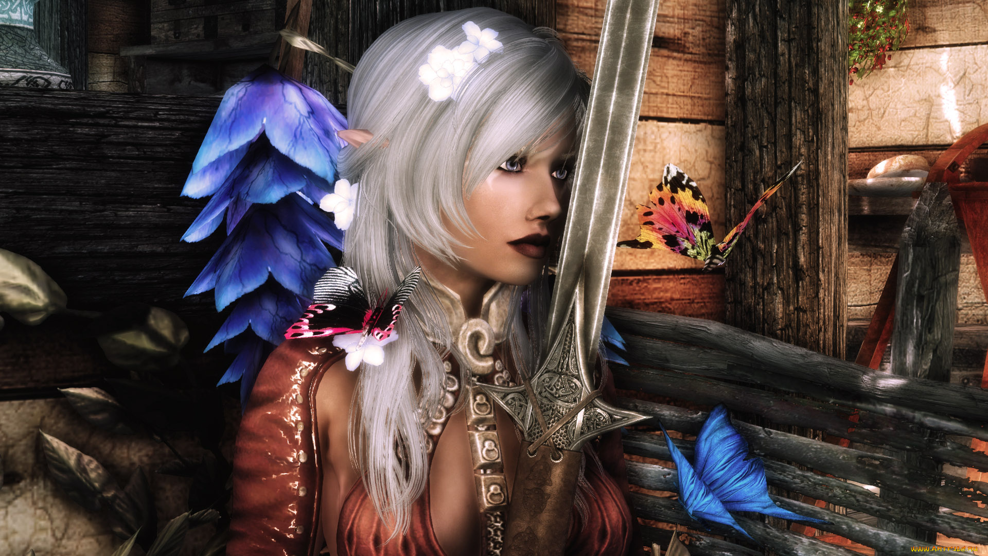 3д, графика, эльфы, , elves, меч, блондинка, фон, взгляд, эльфийка