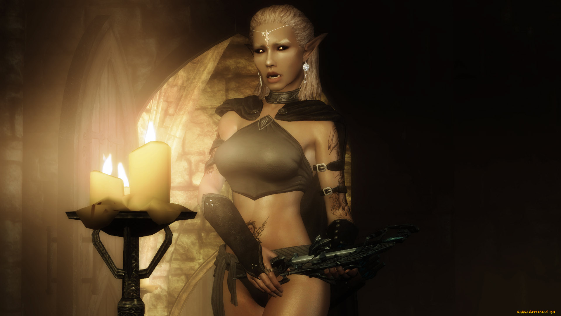 3д, графика, эльфы, , elves, оружие, блондинка, фон, взгляд, эльфийка, свечи