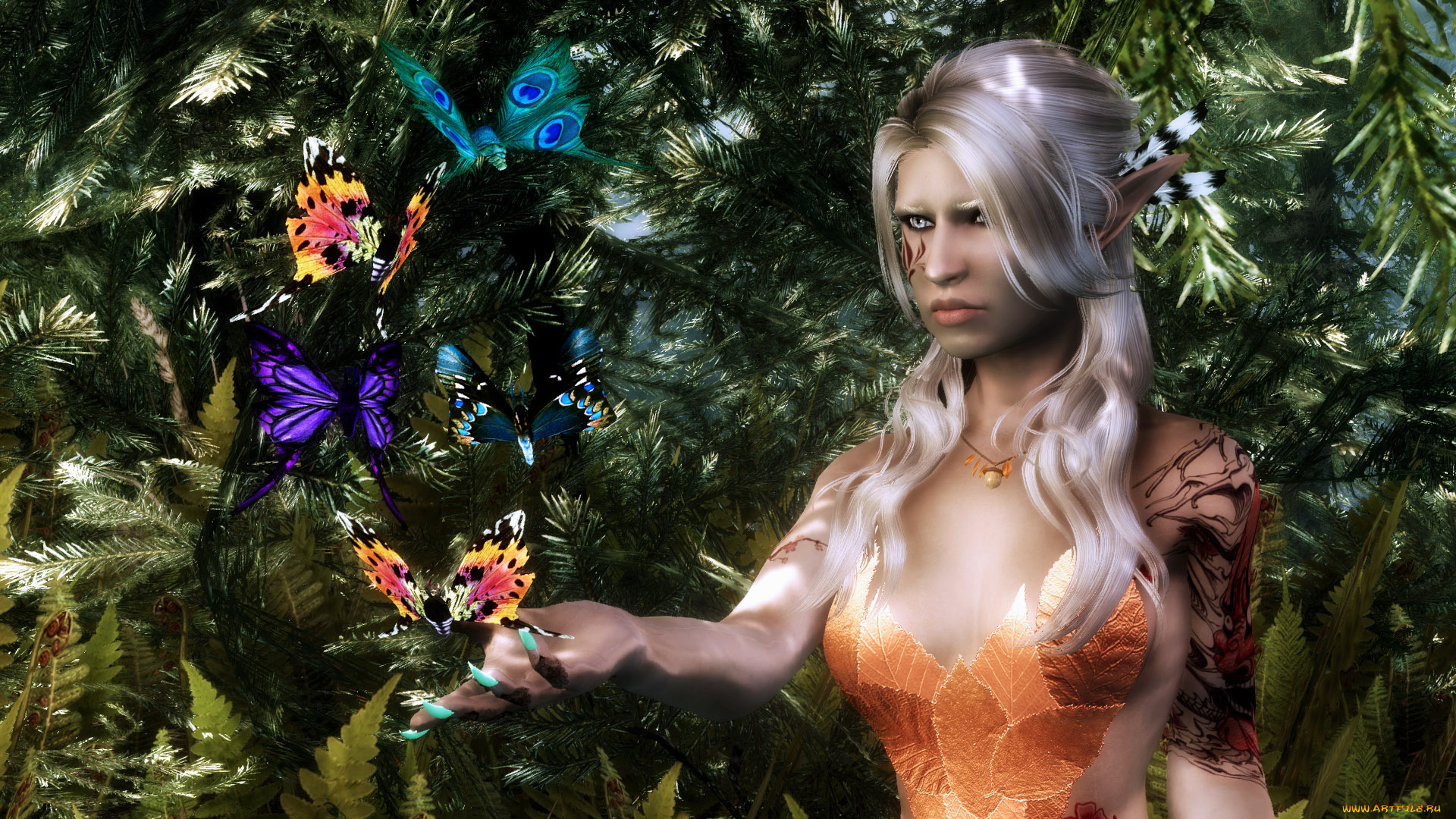 3д, графика, эльфы, , elves, взгляд, блондинка, эльфийка, фон