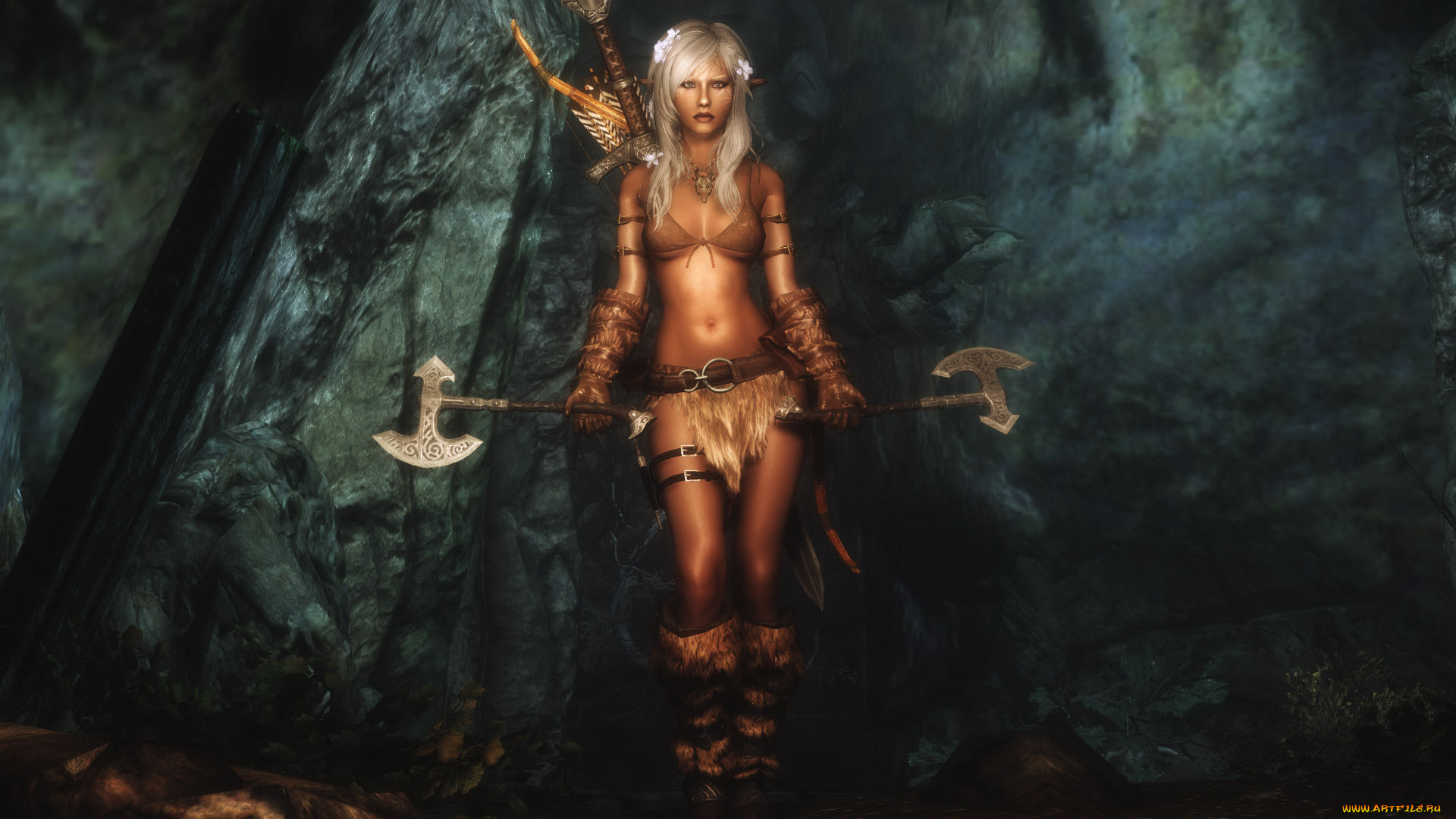 3д, графика, эльфы, , elves, взгляд, блондинка, эльфийка, фон, оружие