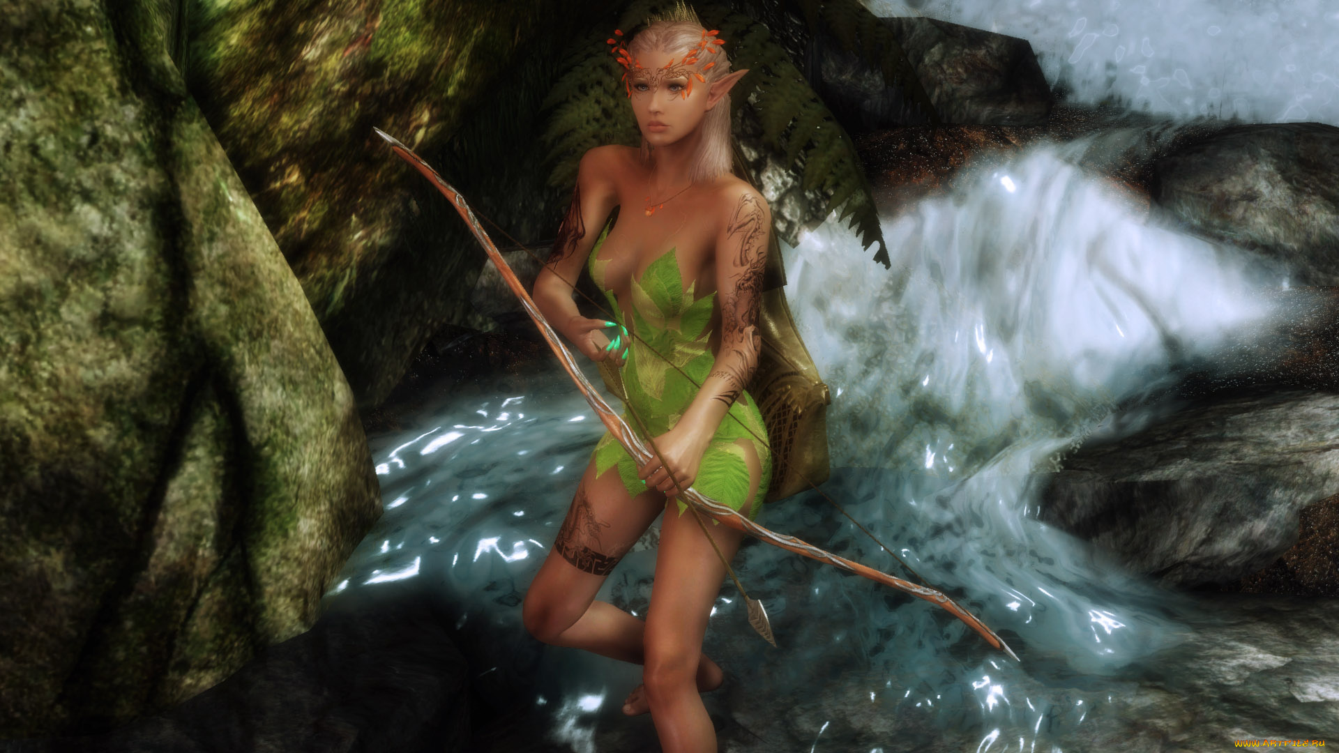 3д, графика, эльфы, , elves, взгляд, эльфийка, водопад, лук, блондинка, фон