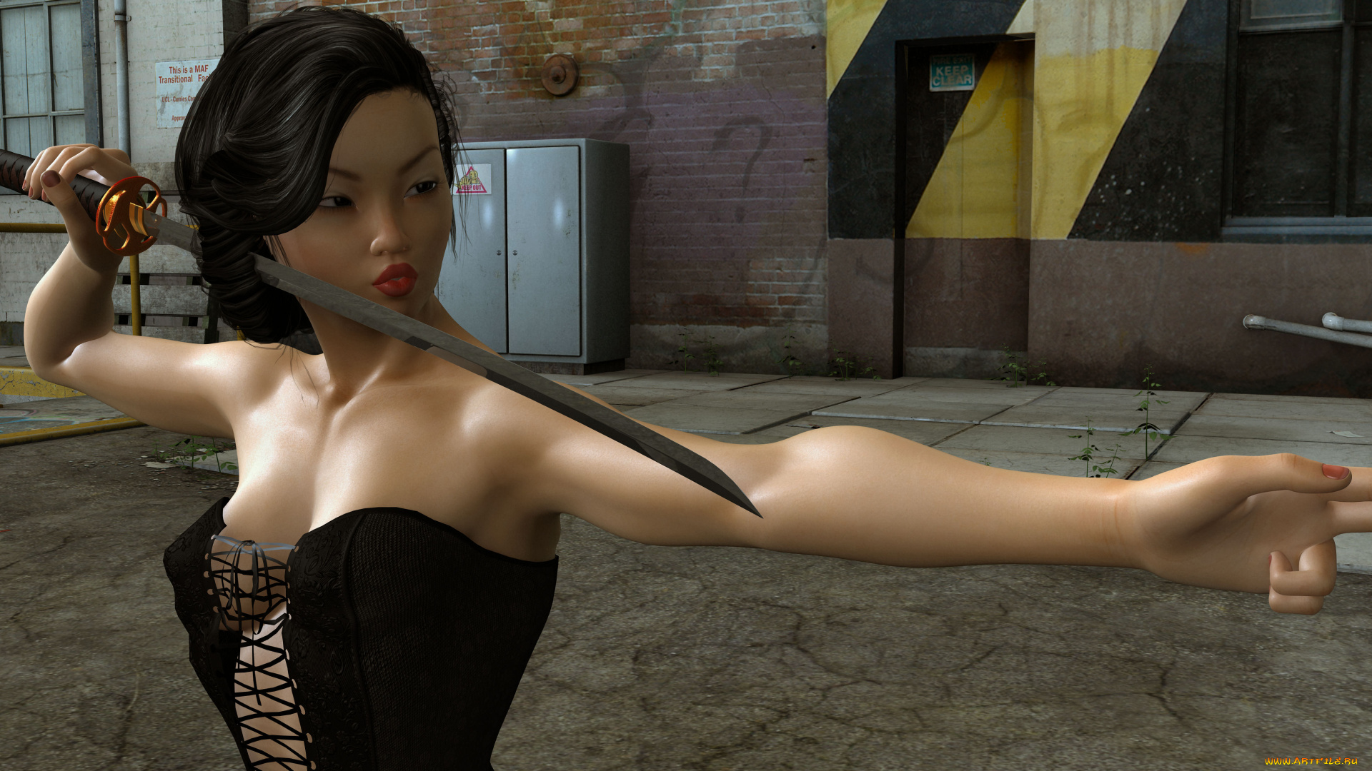 3д, графика, люди, , people, фон, взгляд, девушка, катана