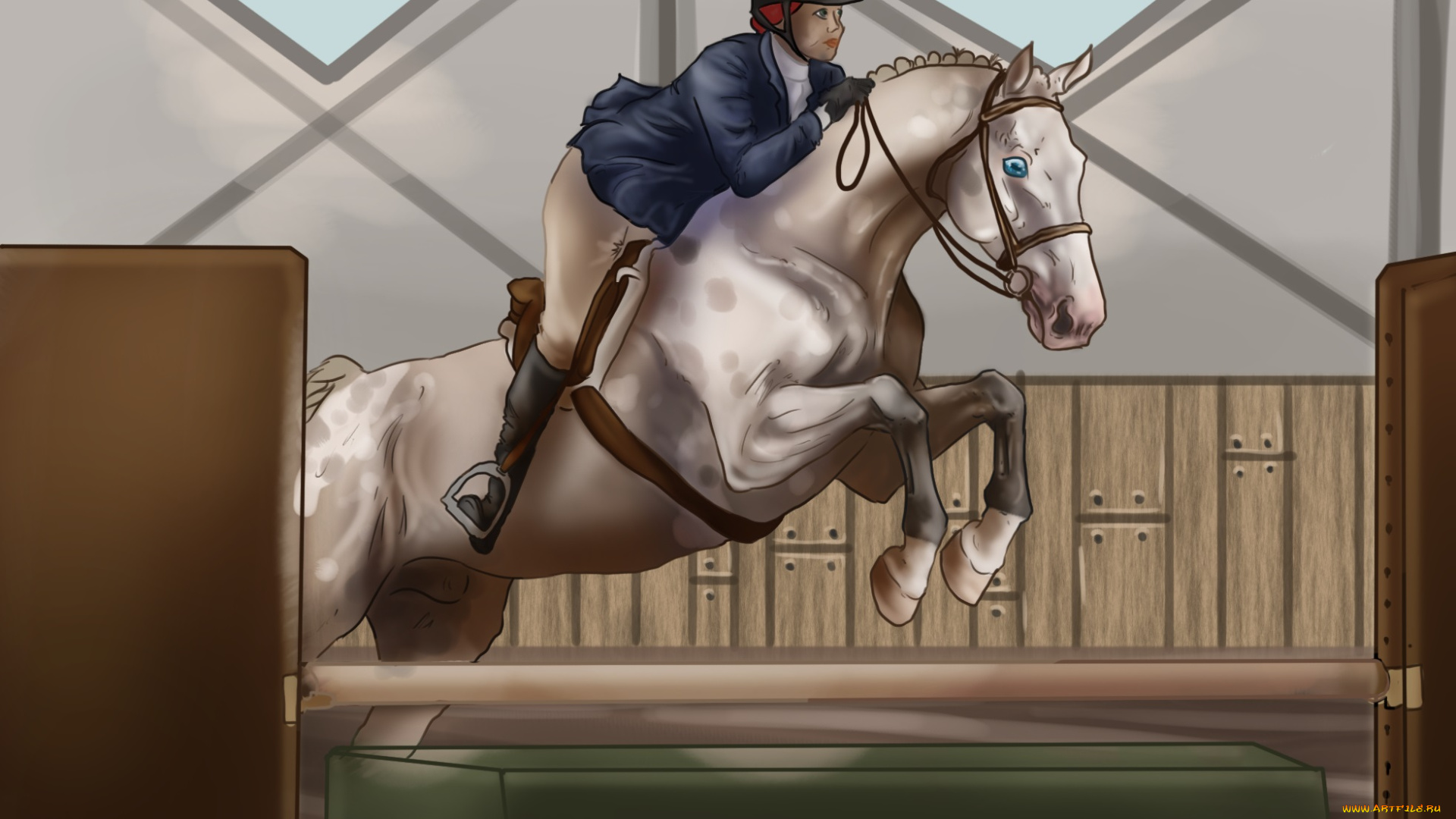 рисованное, животные, , лошади, лошадь, соревнования, всадник