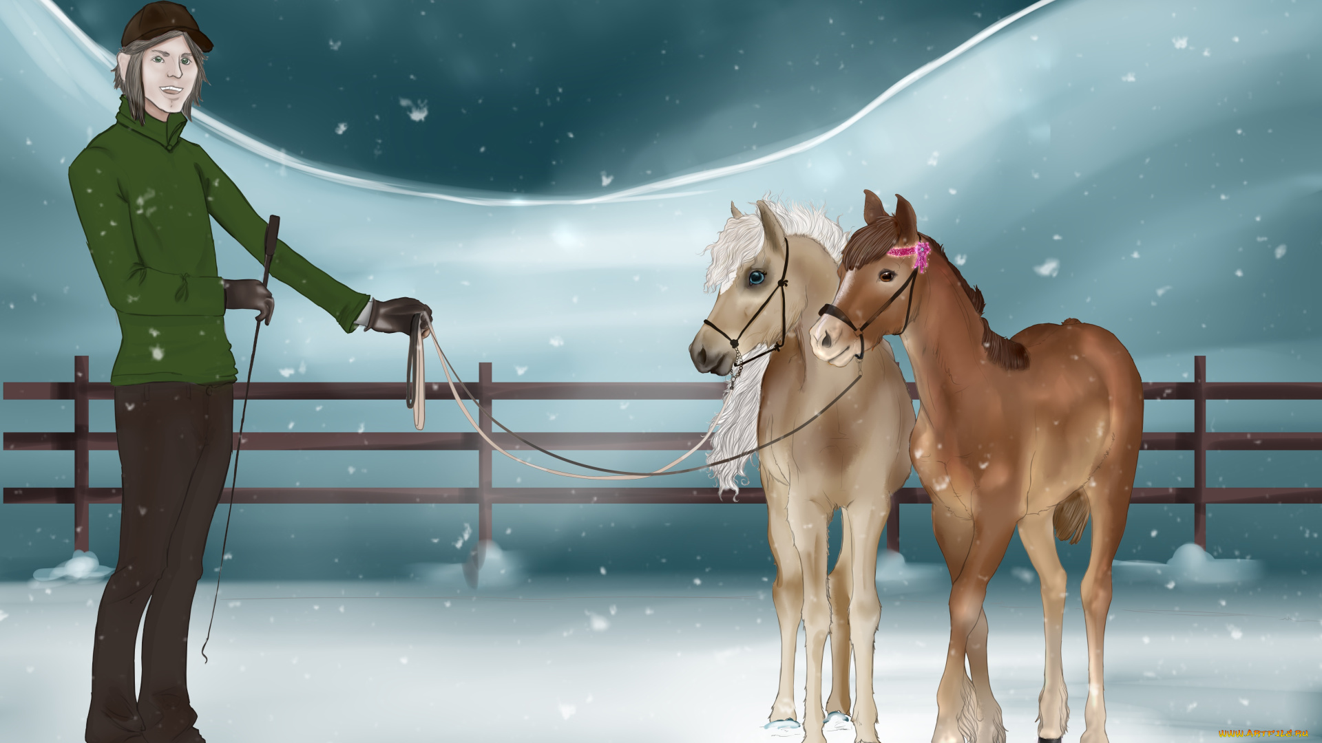 рисованное, животные, , лошади, забор, снег, лошадки, взгляд, мужчина