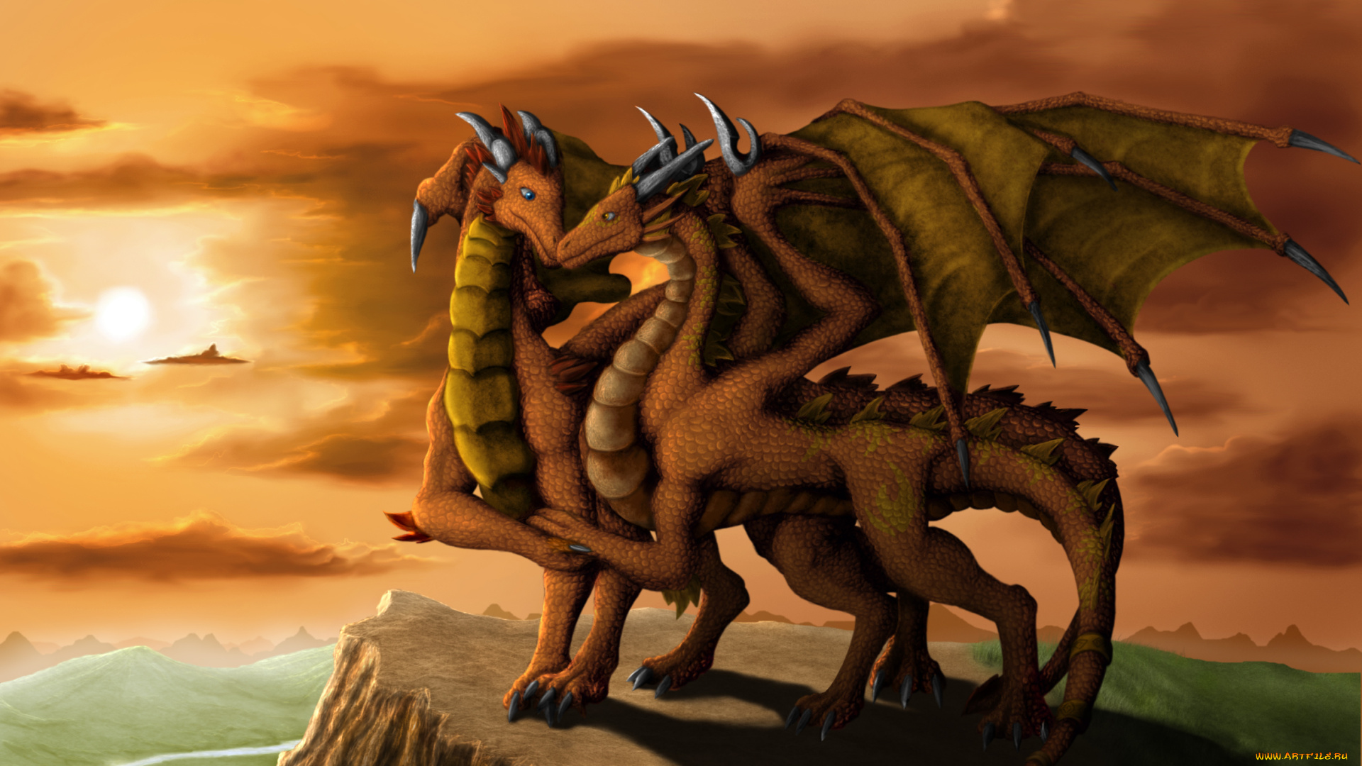 рисованное, животные, , сказочные, , мифические, небо, драконы, скала, облака