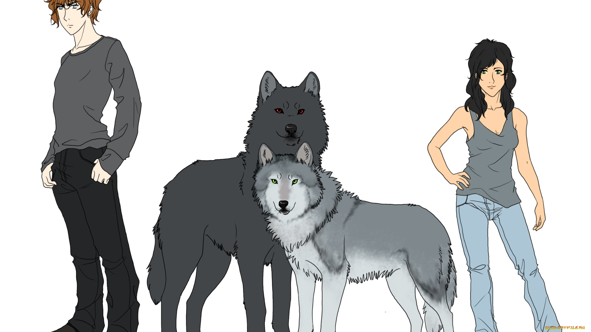 рисованное, животные, , собаки, девушка, мальчик, фон, собаки, взгляд