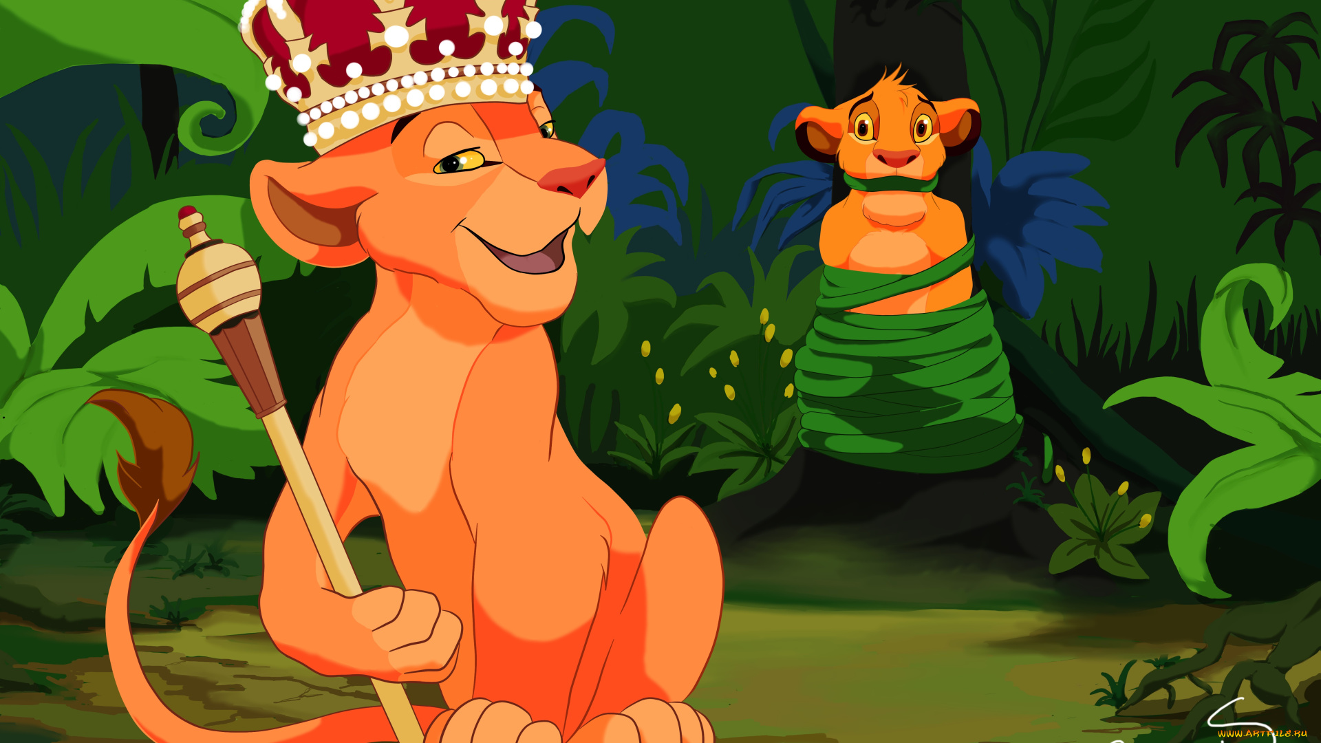 рисованное, животные, лес, шест, корона, львы