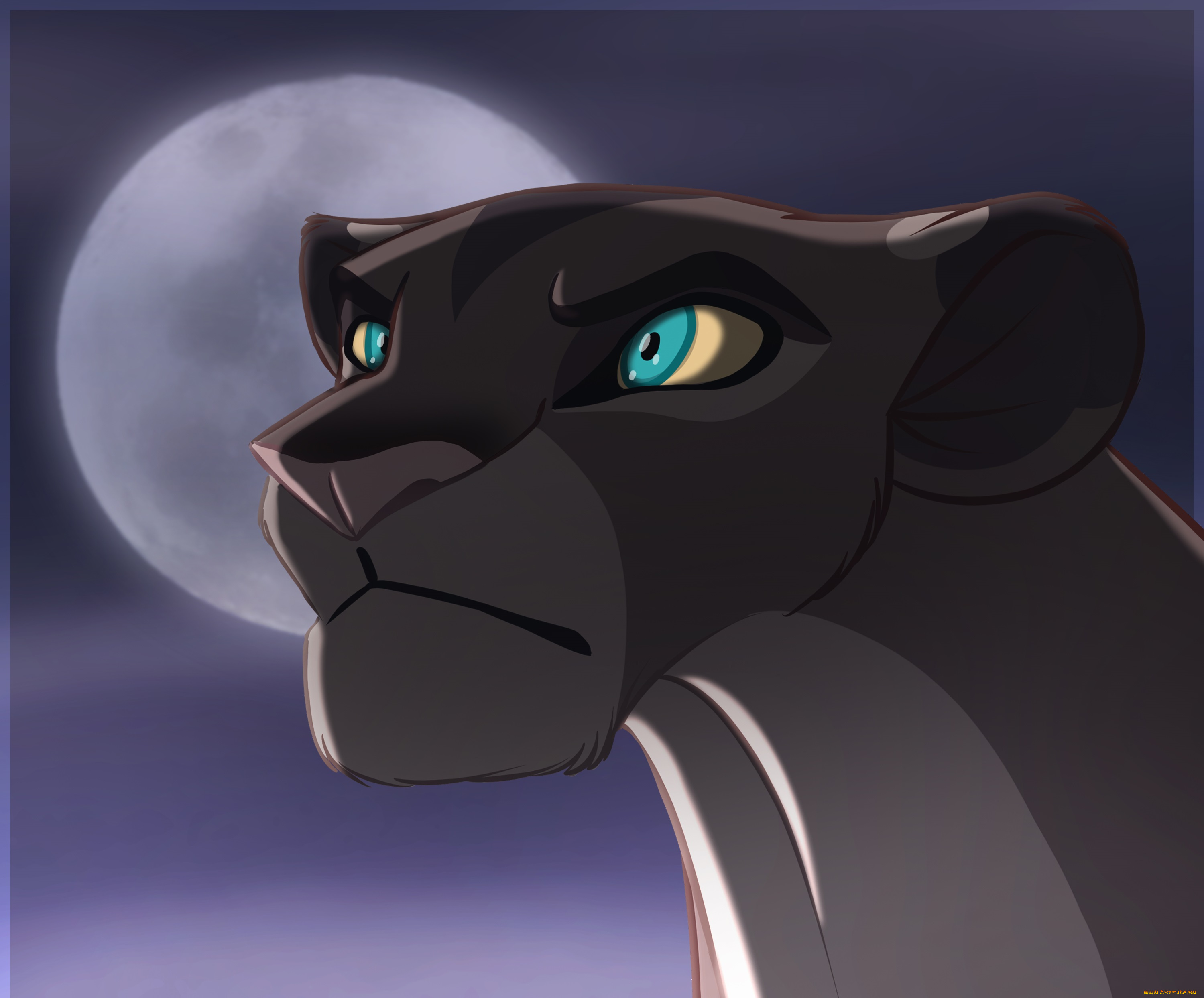 рисованное, животные, пума, луна, взгляд