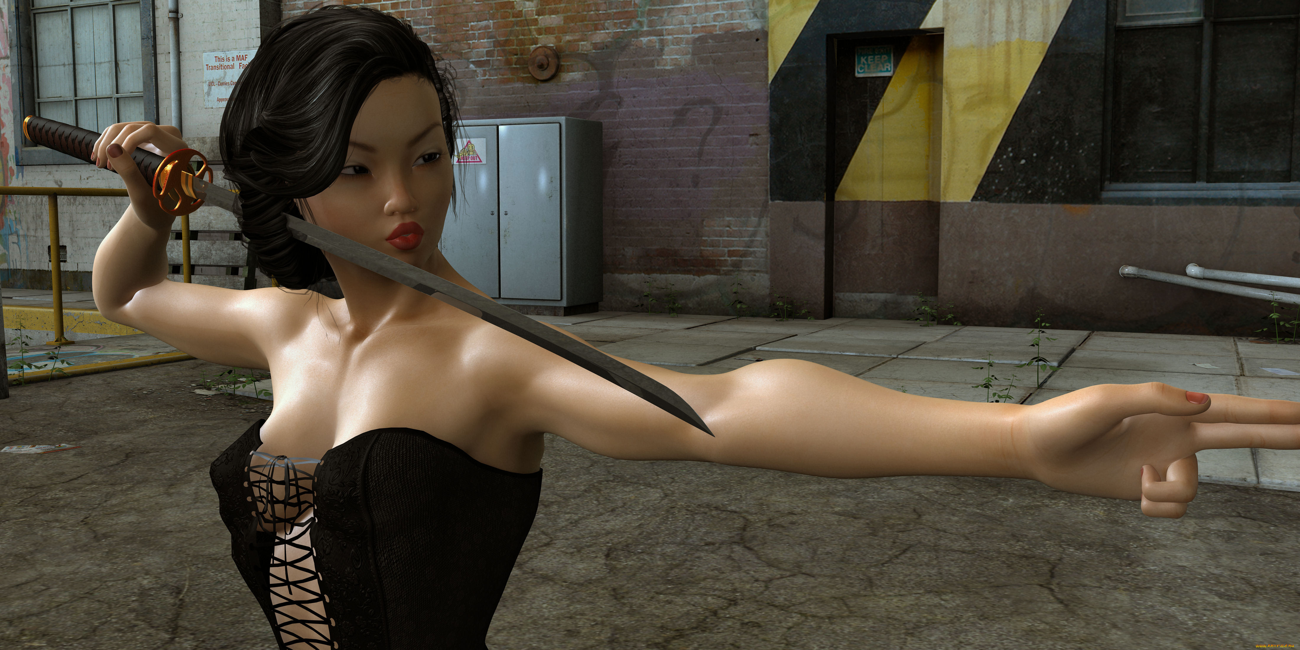 3д, графика, люди, , people, фон, взгляд, девушка, катана