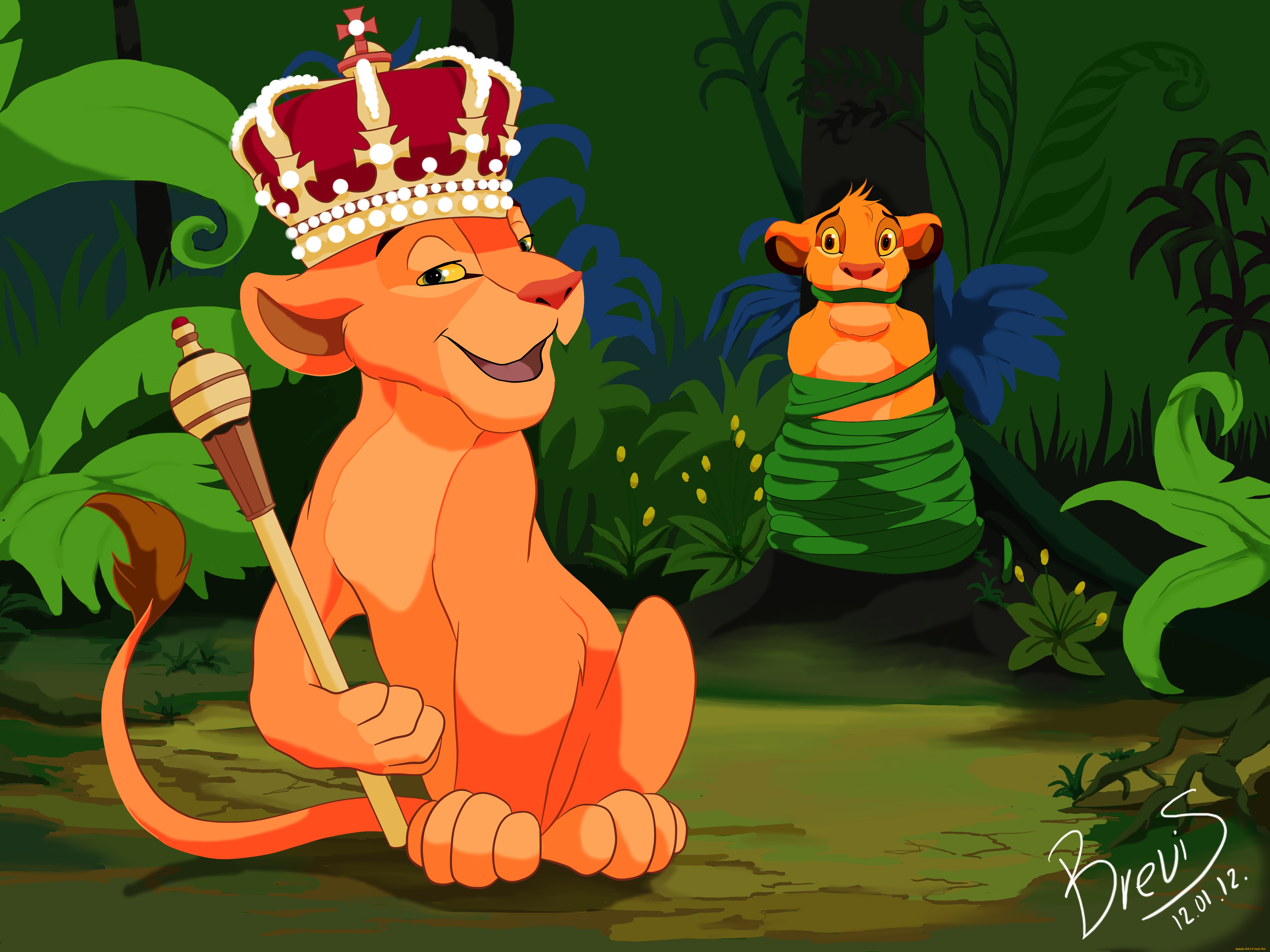 рисованное, животные, лес, шест, корона, львы