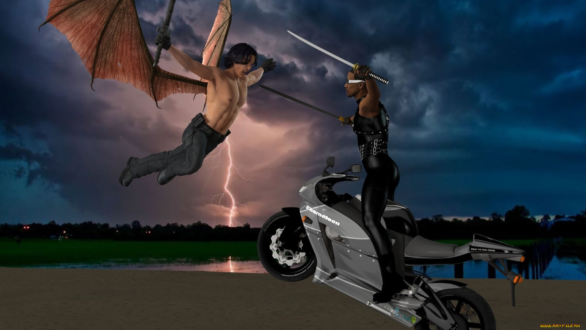 3д, графика, фантазия, , fantasy, демон, мотоцикл, молния, оружие, фон, взгляд, мужчина