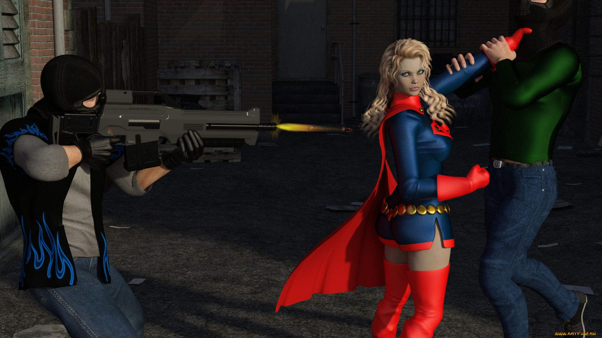 3д, графика, фантазия, , fantasy, супермен, оружие, фон, девушки, взгляд