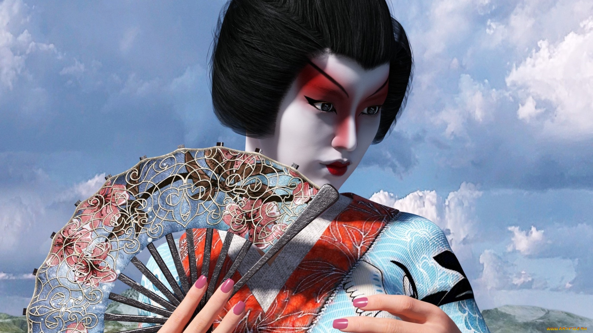 3д, графика, люди, , people, фон, гейша, веер, взгляд, девушка