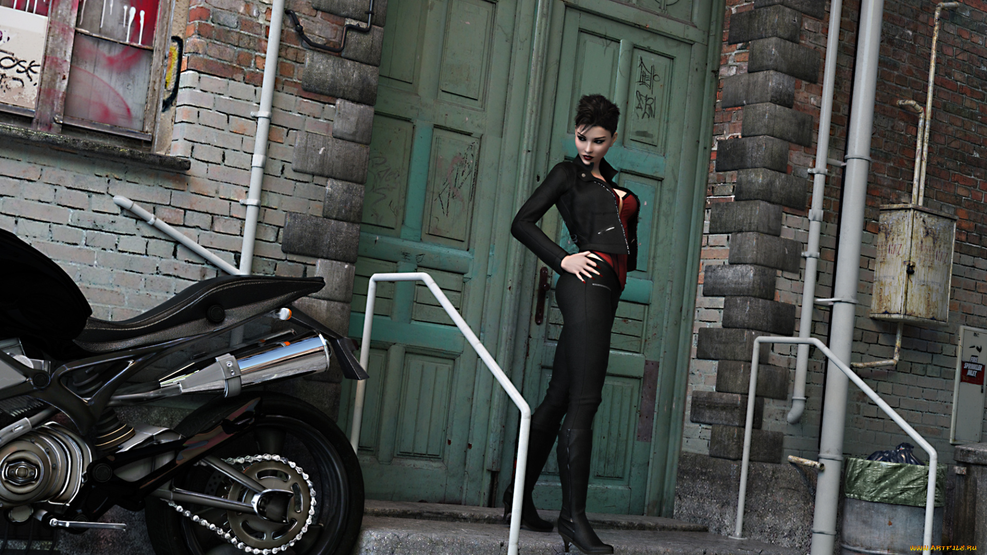 3д, графика, люди, , people, фон, взгляд, девушка, мотоцикл