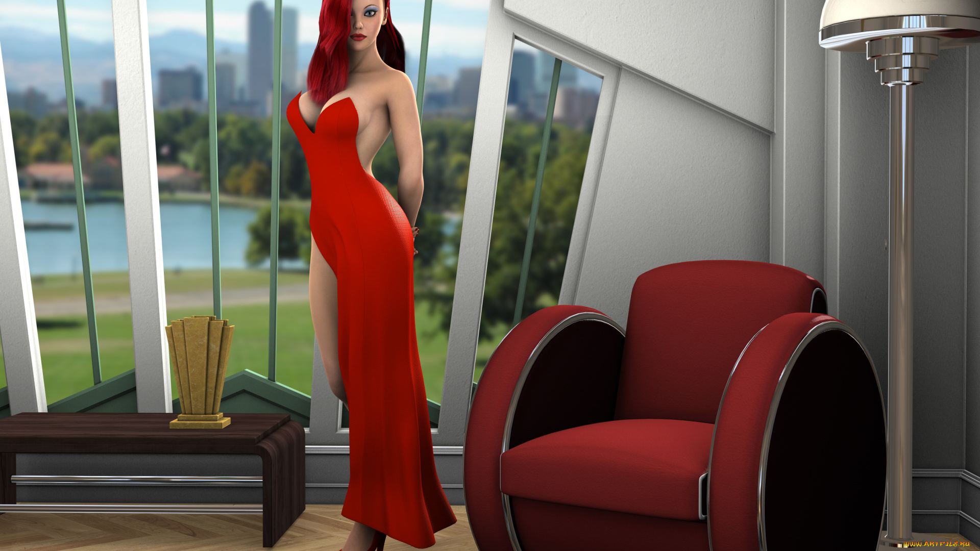 3д, графика, люди, , people, интерьер, рыжая, фон, взгляд, девушка