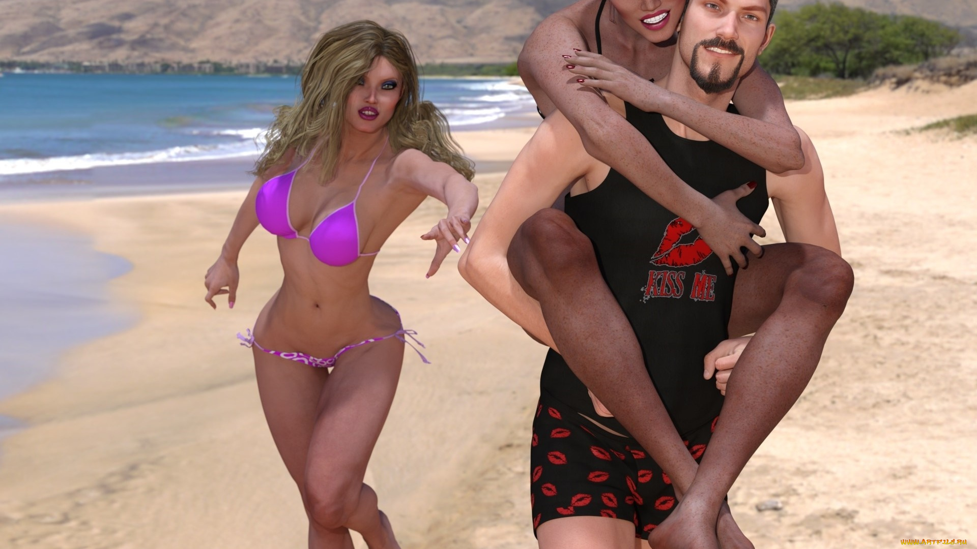 3д, графика, люди, , people, пляж, парень, фон, взгляд, девушки