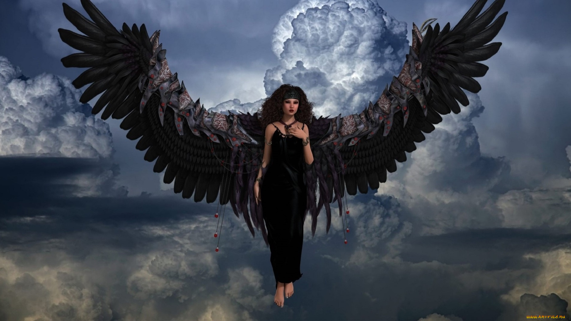 3д, графика, существа, , creatures, облака, крылья, демон, фон, взгляд, девушка