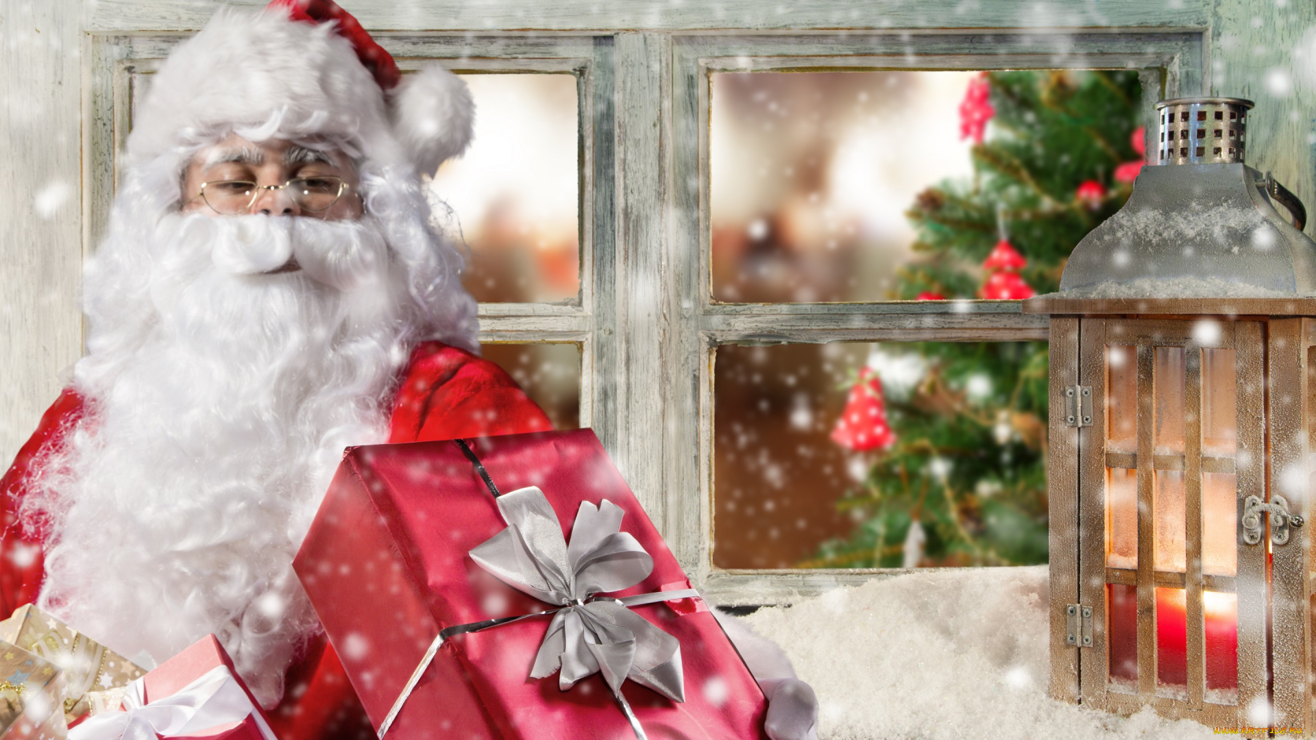 праздничные, дед, мороз, , санта, клаус, подарок, санта, клаус, фонарь, окно