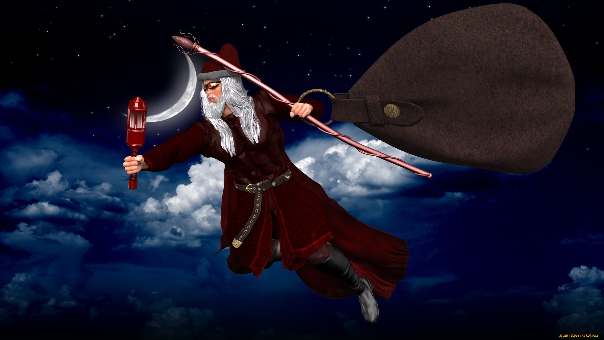 3д, графика, праздники, , holidays, подарки, облака, фонарь, луна, звезды, полет, санта, клаус