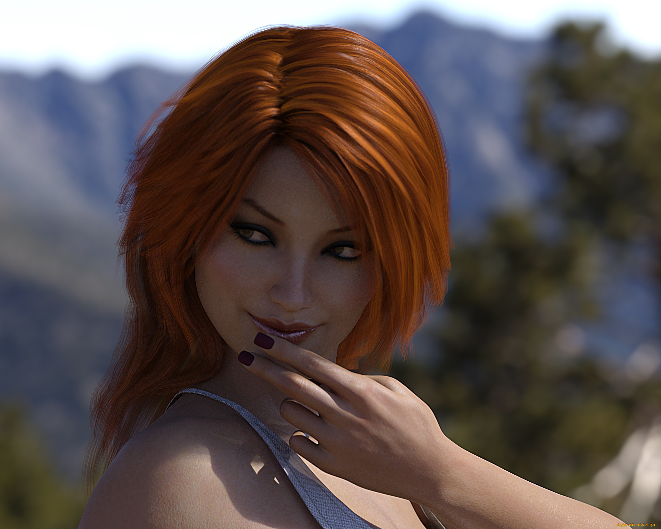 3д, графика, люди, , people, девушка, рыжая, фон, взгляд