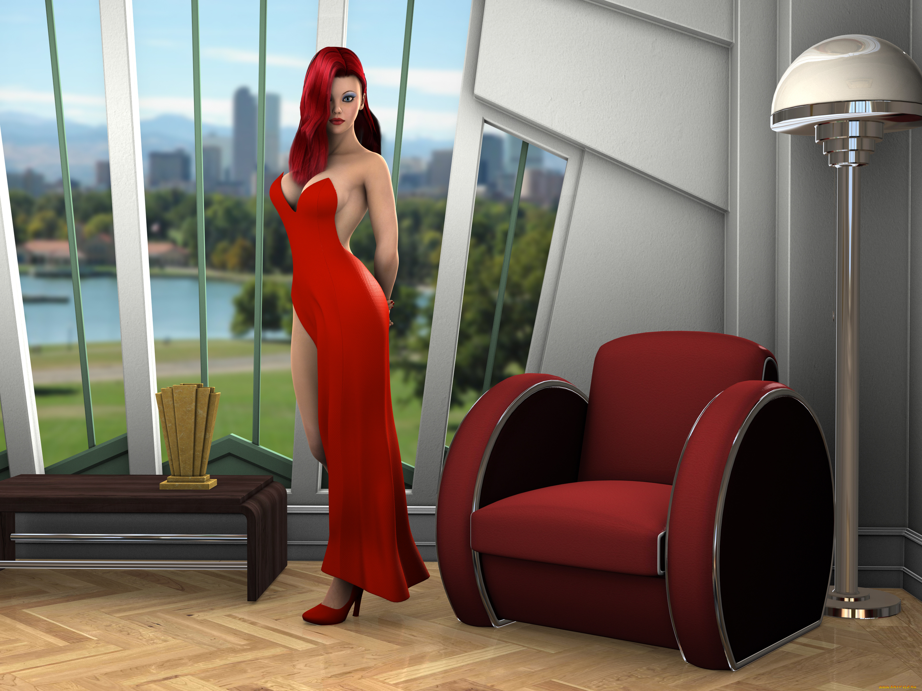 3д, графика, люди, , people, интерьер, рыжая, фон, взгляд, девушка