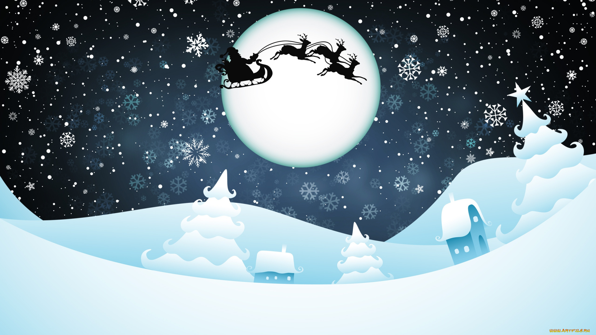 праздничные, векторная, графика, , новый, год, новый, год, зима, сани, санта, настроение, луна, домики, олени, Ёлки, ноги, елки, снежинки, клаус, фон, снег, рождество, холмы, минимализм, сугробы, рисунок, праздник