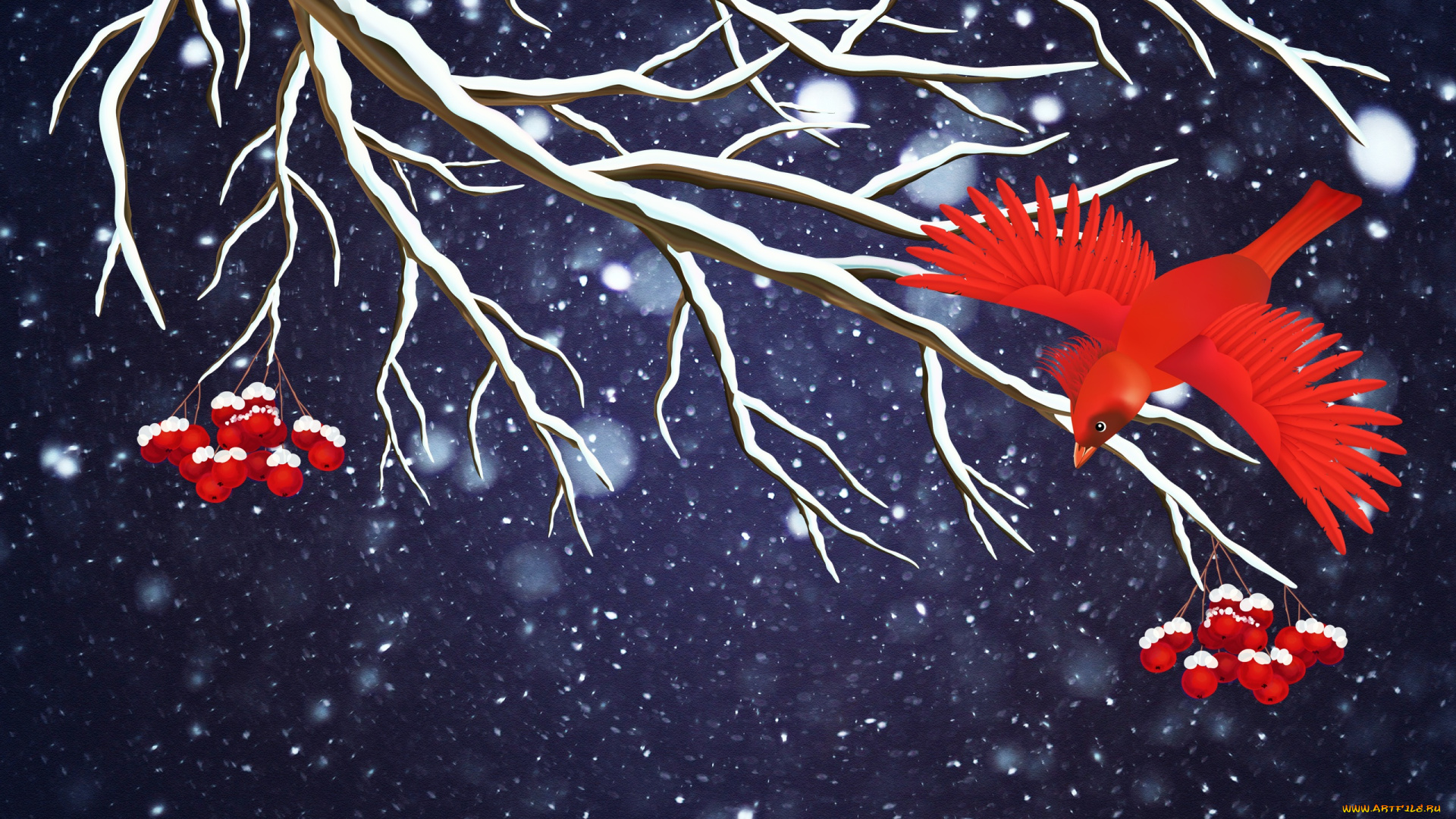 векторная, графика, природа, , nature, снег, праздник, минимализм, ветка, рябина, снежинки, зима, птица, фон