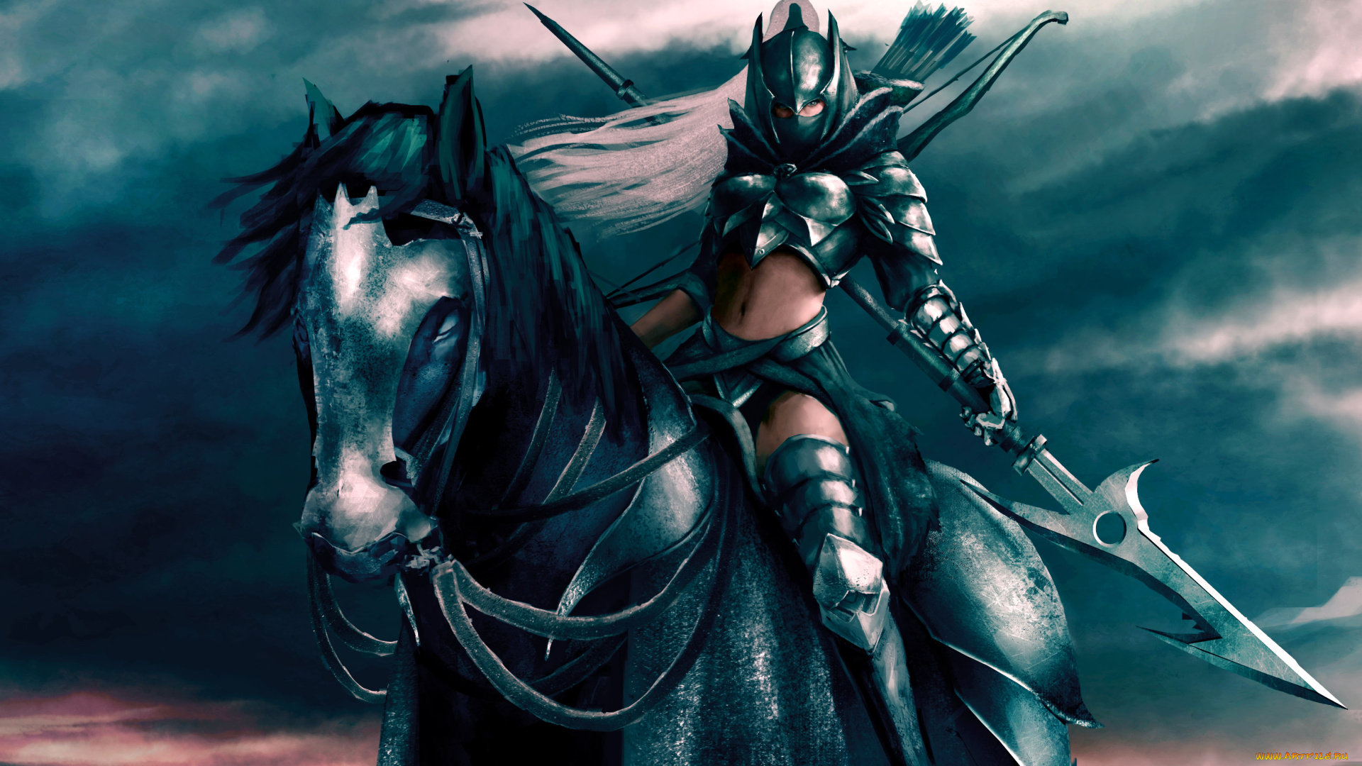 фэнтези, девушки, униформа, конь, девушка, копье