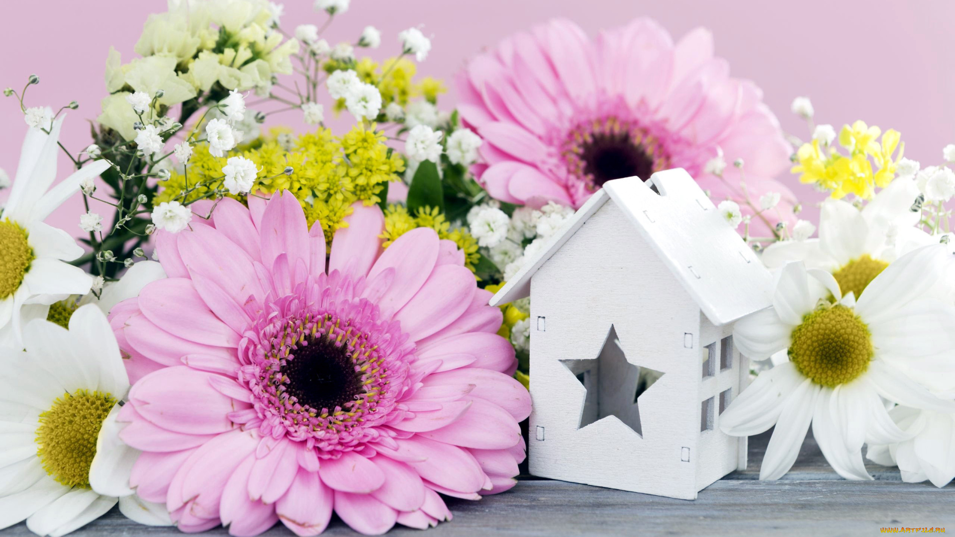 цветы, разные, вместе, гипсофила, герберы, хризантемы