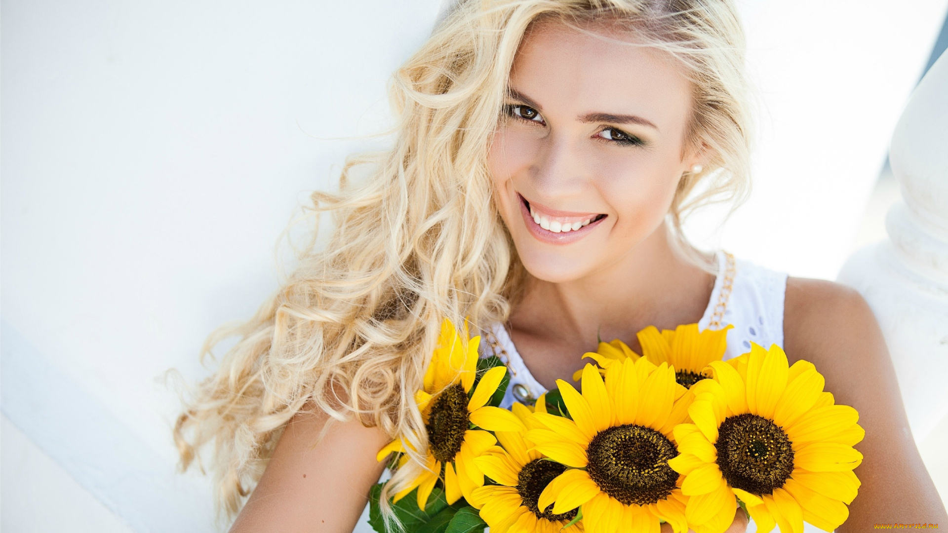 девушки, -, блондинки, , светловолосые, улыбка, блондинка, подсолнухи