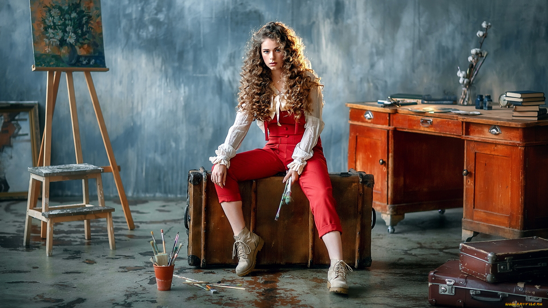 девушки, -, рыжеволосые, и, разноцветные, мольберт, картина, кисти, чемоданы