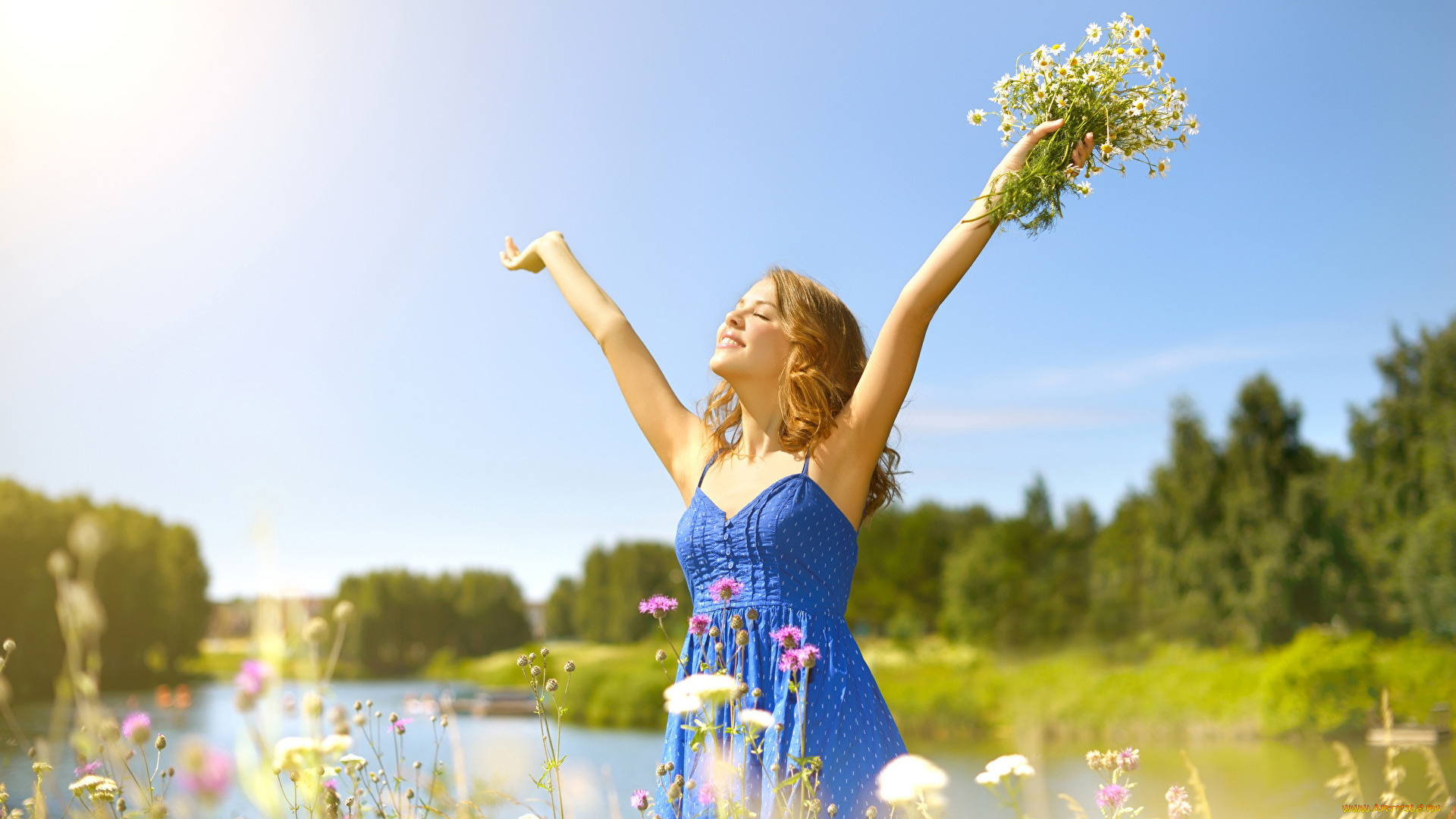 девушки, -, рыжеволосые, и, разноцветные, река, лето, ромашки, радость