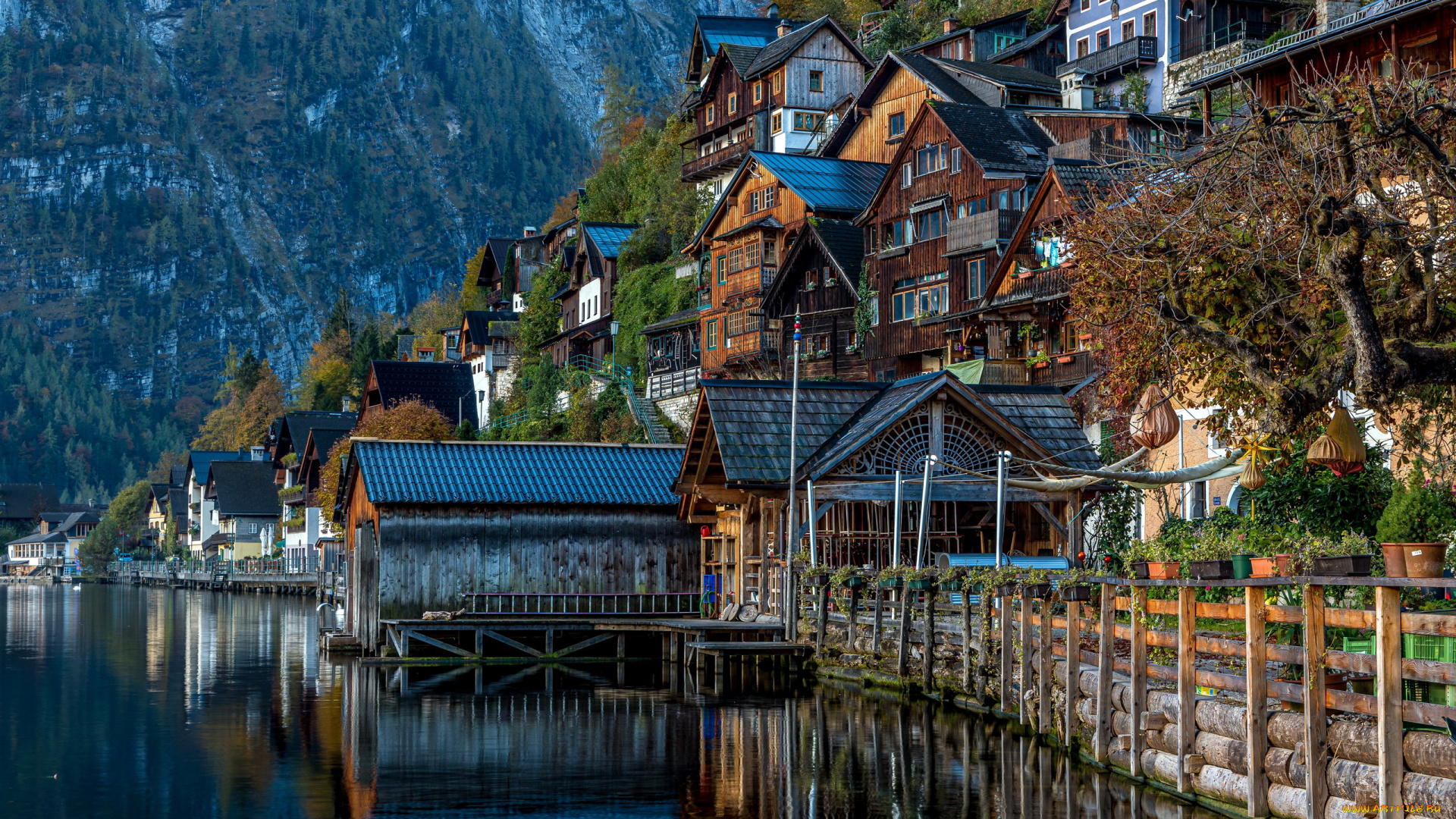 города, гальштат, , австрия, горы, озеро, отражение