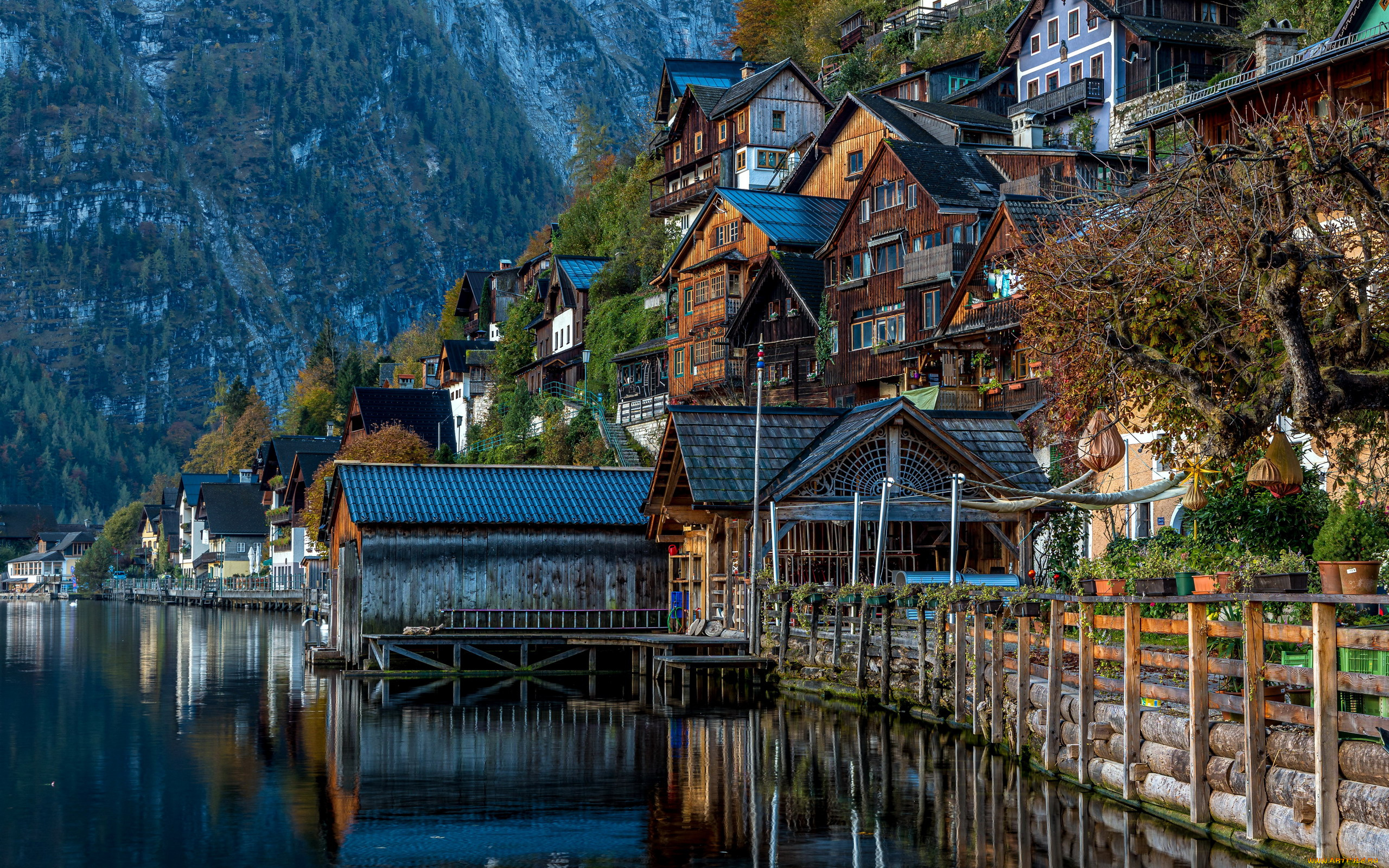 города, гальштат, , австрия, горы, озеро, отражение