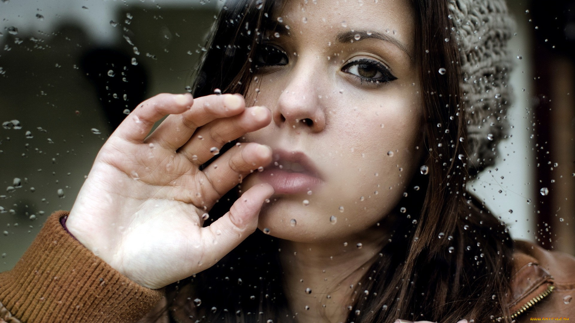 девушки, -, лица, , портреты, брюнетка, шапка, куртка, лицо, стекло, капли